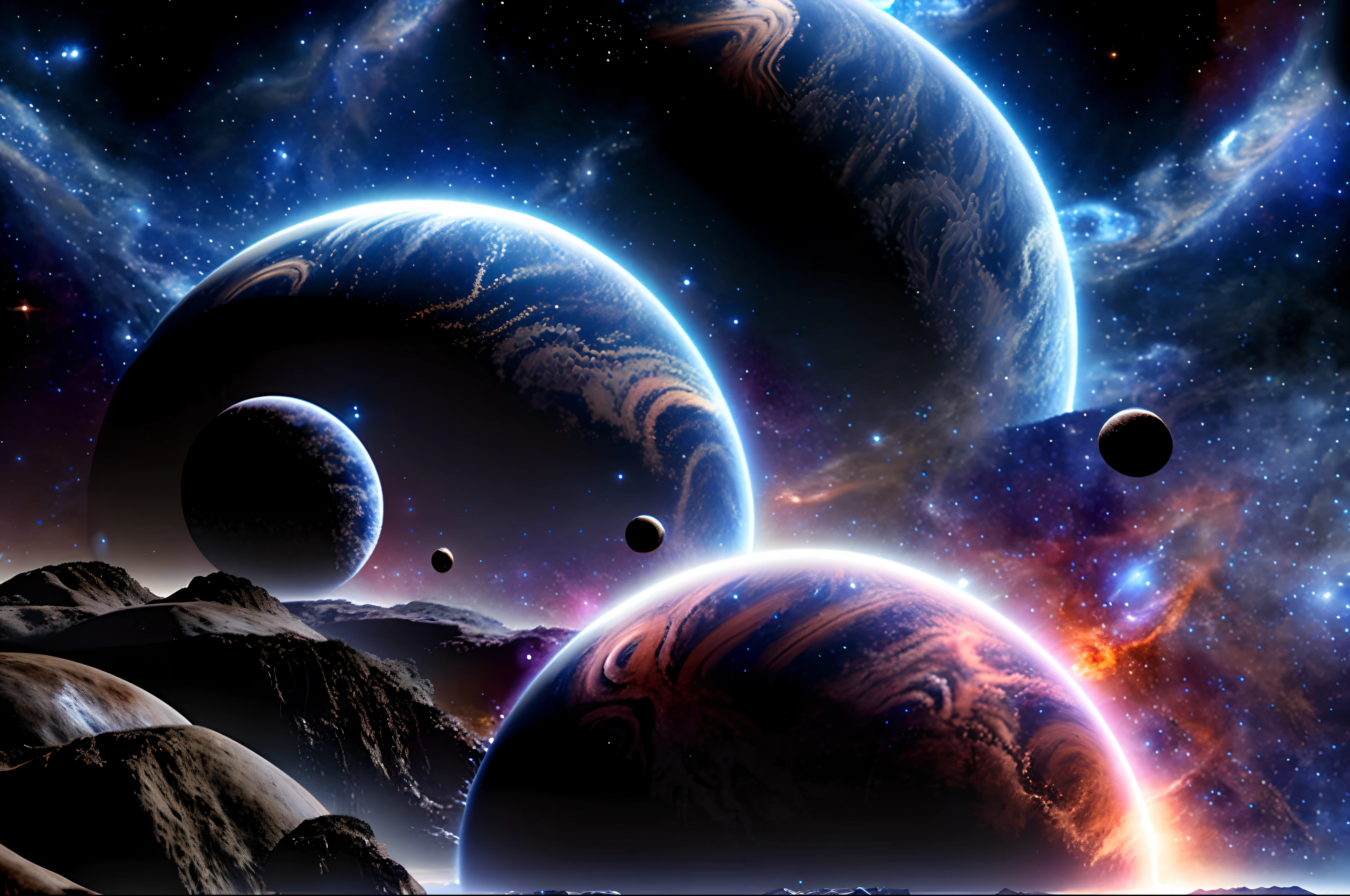 Planetary wonders in space，A river of brilliant stars，Details of the planet's surface，scifi style，Delicate brushstrokes，Warm tones，Mysterious celestial bodies，High-definition graphics。