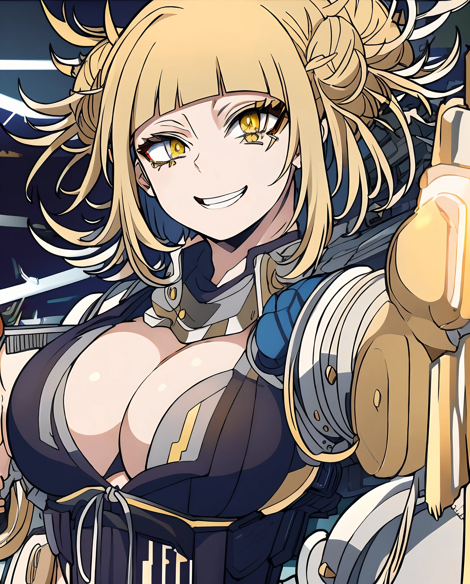 Masterpiece, best quality, 1girl, detailed face, toga himiko, yellow eyes, light from behind, super detailed, (large breasts), cinematic lightning, happy, (close-up), looking at viewer, sano br, blonde hair, crazy smile, Showing breasts