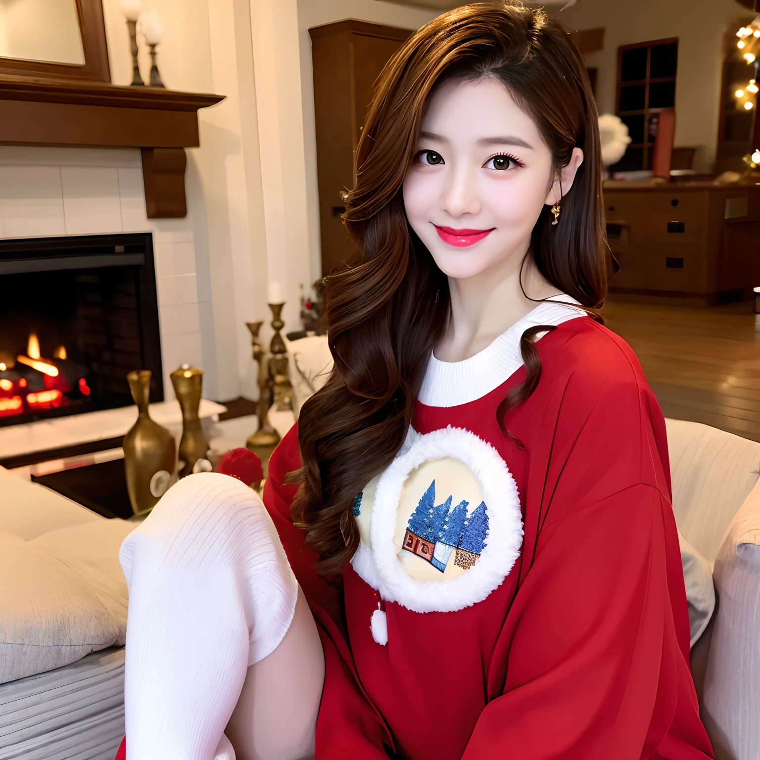 ​masterpiece、top-quality、hight resolution、ultra-detailliert、Super delicate、Hirohiko Araki、Ocean wind、1 beautiful woman、The upper part of the body、big eye、Red eyes、Looking at this、The best smile、Thicker lips、red lipsticks、Slender eyes、Red-haired、Okappa、Santa Claus clothes、Putting gifts in socks、in a house、fireplace、Christmas tree