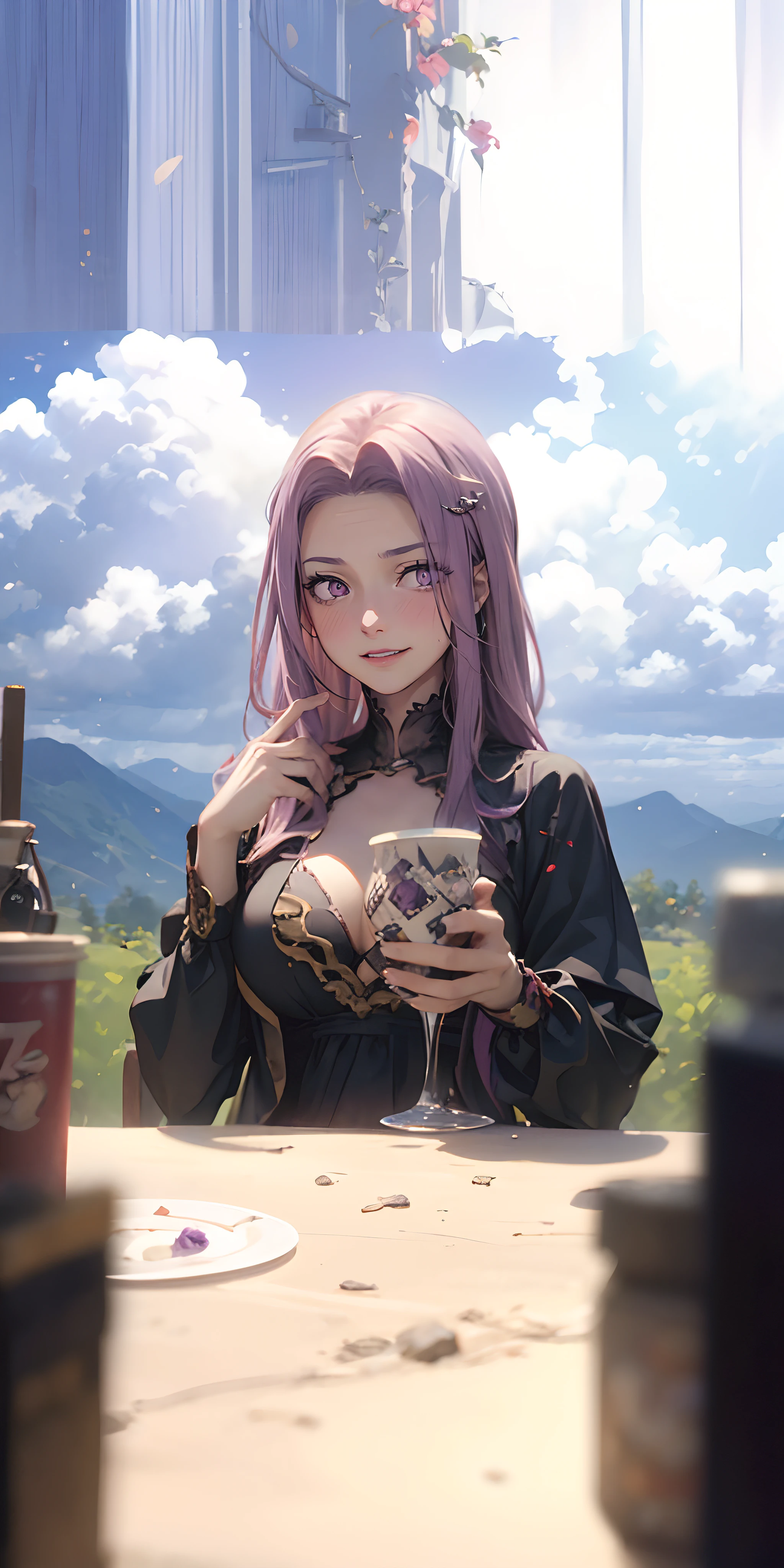 MedGorg, (long hair, purple hair:1.6), purple eyes, breasts, epic art, fantasy, 1girl, blurry, cup, depth_of_field, solo, holding, looking_at_viewer, holding_cup, blurry_foreground, long_sleeves, day, dress, sky, cloud, upper_body, table, outdoors, cloudy_sky, teacup, breasts, virtual_youtuber, blurry_background, blue_sky, black_dress, plate, steam, "Photorealistic, Hyperrealistic, Hyperdetailed, analog style, soft lighting, subsurface scattering, realistic, heavy shadow, masterpiece, best quality, ultra realistic, 8k, golden ratio, Intricate, High Detail, film photography, soft focus", anime coloring, anime screencap, sweating, steaming body, fog