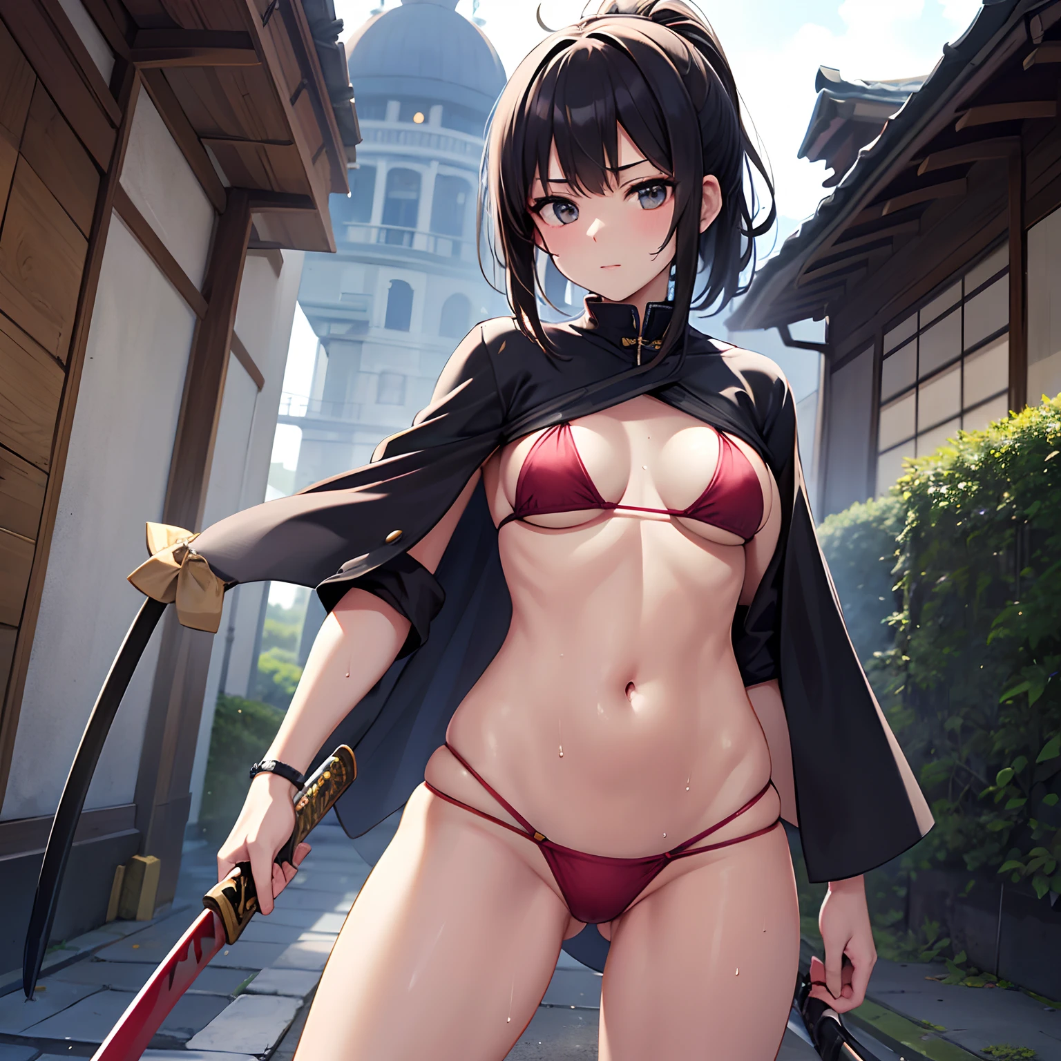 Hermosa mujer delgada y delgada, pecho plano, Sweat and very wet skin, Wear a tiny super micro nano slim bikini, patinaje en el paseo urbano, con una katana japonesa en mano, warm light, Trazado de rayos, Contre-Jour, UHD, Anatomically correct, piel texturizada, Super detail, galardonado, obra maestra, 8k, La mejor calidad, espada samurai