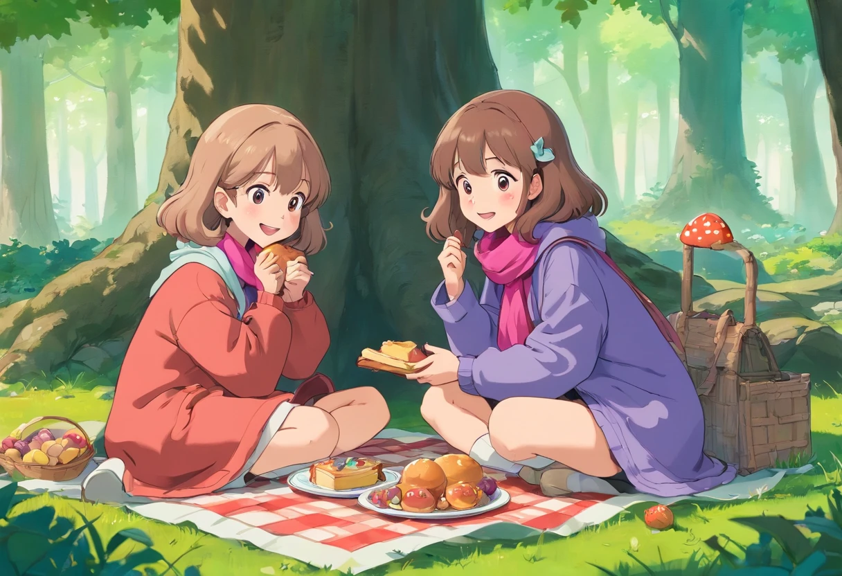 Two teenage girls sitting under a maple tree have a picnic,Japanese manga style,A teenage girl with light brown hair that's curly and short , Wearing purple scarf and pink coat,Another teenage girl with long black hair who's slightly bigger wearing a beanie, purple coat, She's laughing. There is sandwiches on the floor,panini,Small cake,Fruit pie,high tea,some books,Japanese healing system,cute mushrooms around.