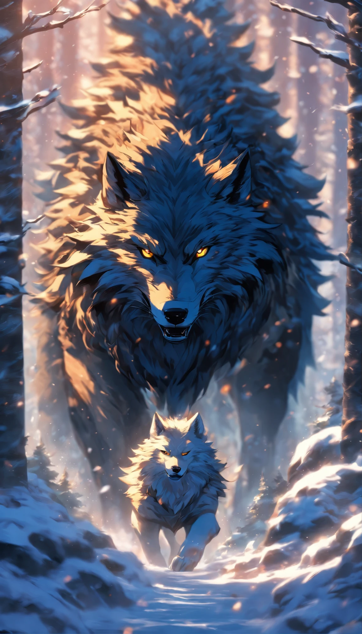 the best quality, very high resolution, 4K detailed CG, masterpiece, Fenrir, Giant Wolf, ragnarok, Wolf, chains, iron gaze, snow, tall trees, asgard palace, Norse mythology, Vikings, beautiful aesthetics, beautiful image, centered on the screen