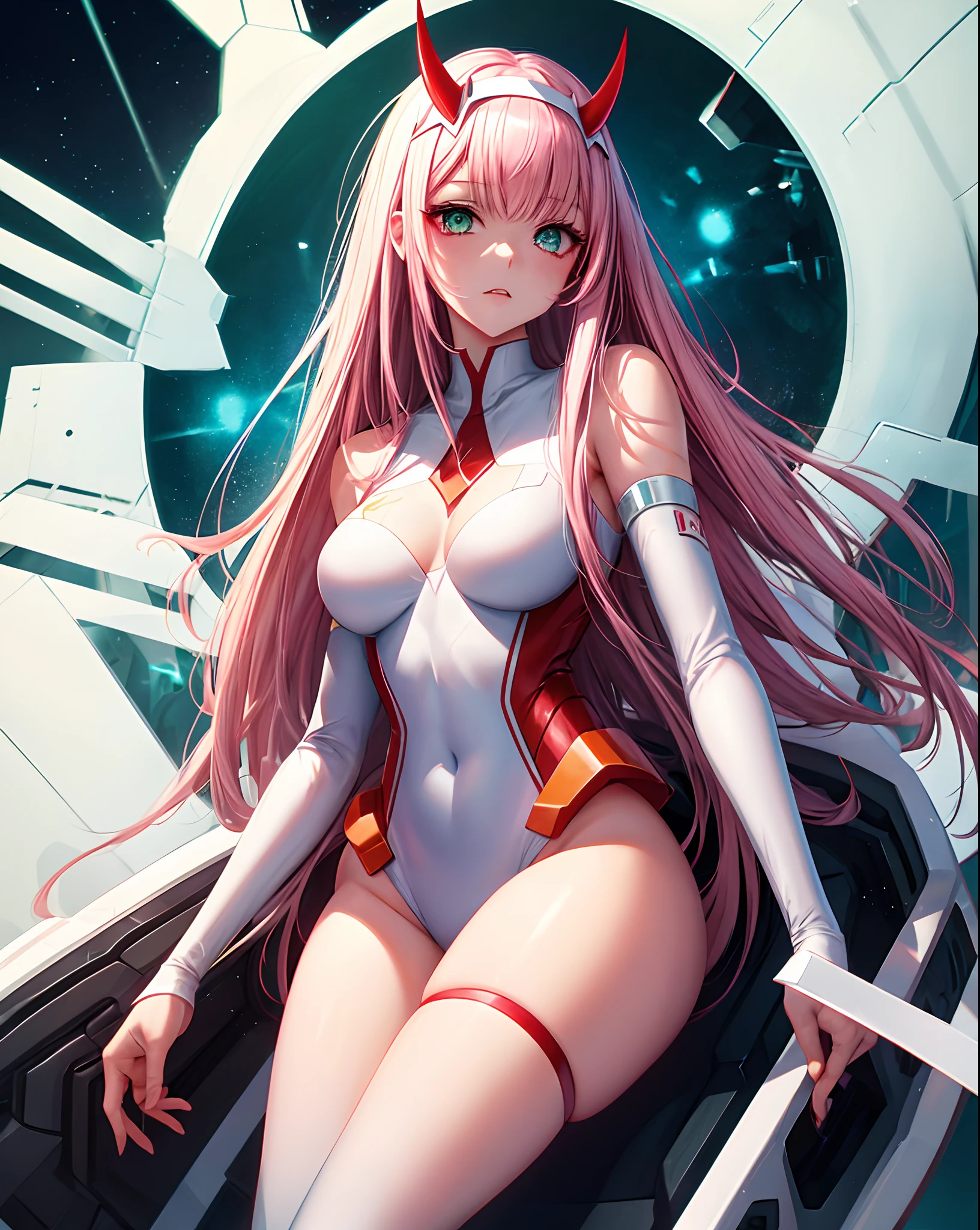 zero two \(darling in franxx\), darling in franxx, 1girl, bangs, bite, shadow, green eyes, hair behind head, horns, long hair, looking at viewer, big thighs, makeup, small breasts, pilot suit, white suit, pink hair, red eyeshadow, science fiction, tight skin, solo