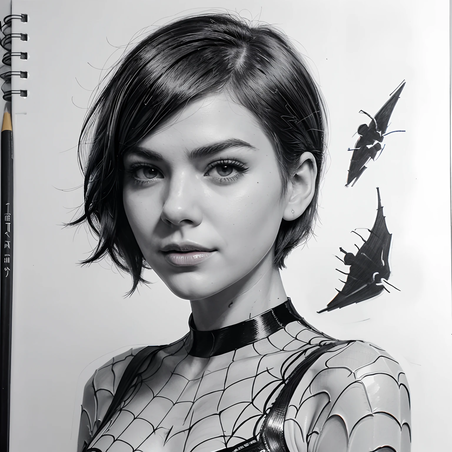 Portrait Sketch of Gwen Stacy of SPIDER VERSE on a sketch  book. Same as movie.Short hair cut with golden hair.In black 
and white  spider shuit with .Colourfull Sketch art on paper. 2d . sketch art  .hand drawn sketch . Drawn in paper with marker .