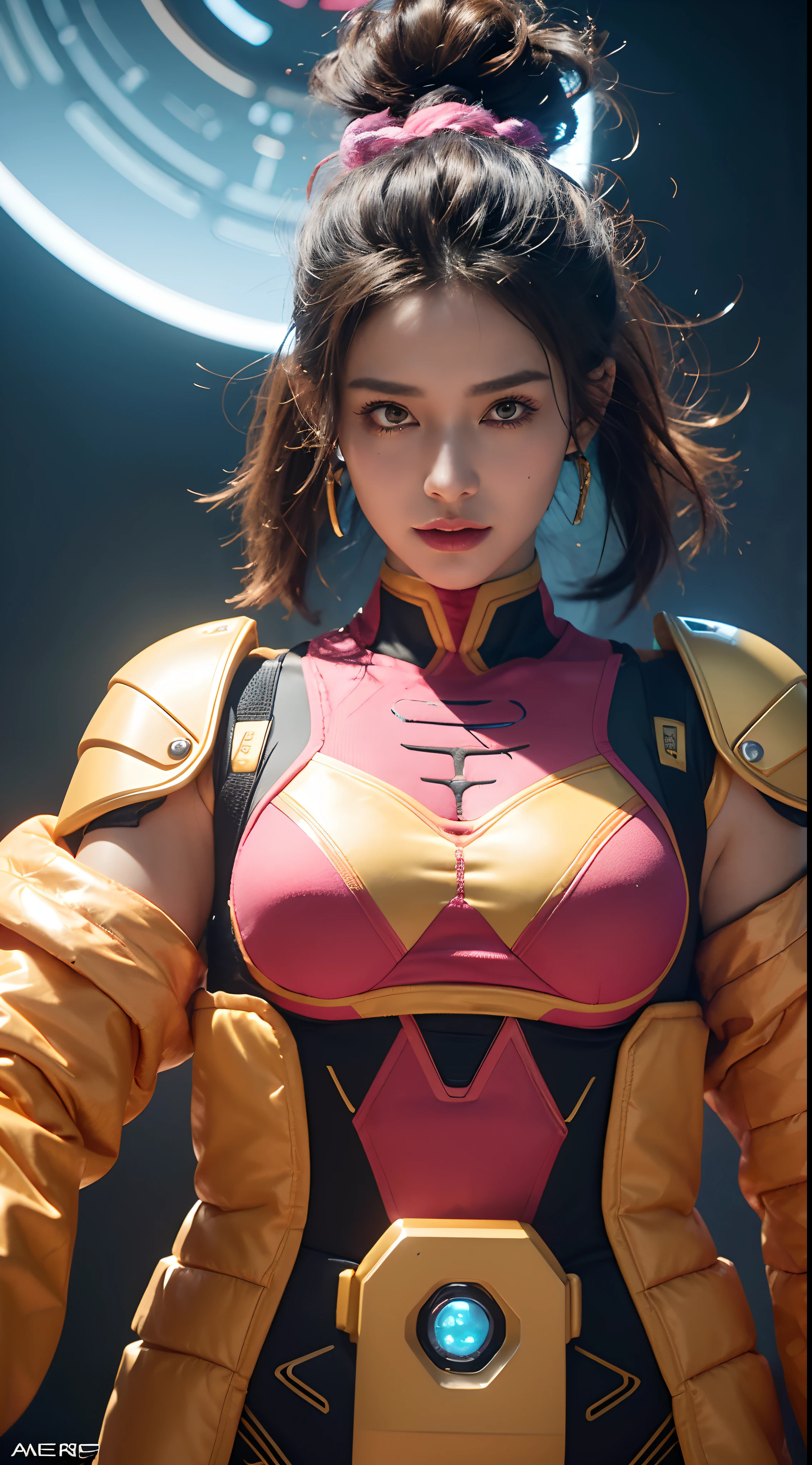 Close-up of robot in pink and gold costume, colorful vivid octane render, cybernetic and highly detailed, loba andrade from apex legends, created in unreal engine 5, made in unreal engine 5, trending on unreal engine 5, anfas portrait of a mech warrior, fantasy style 8 k octane render, rendered in unreal 5, rendered in high octane