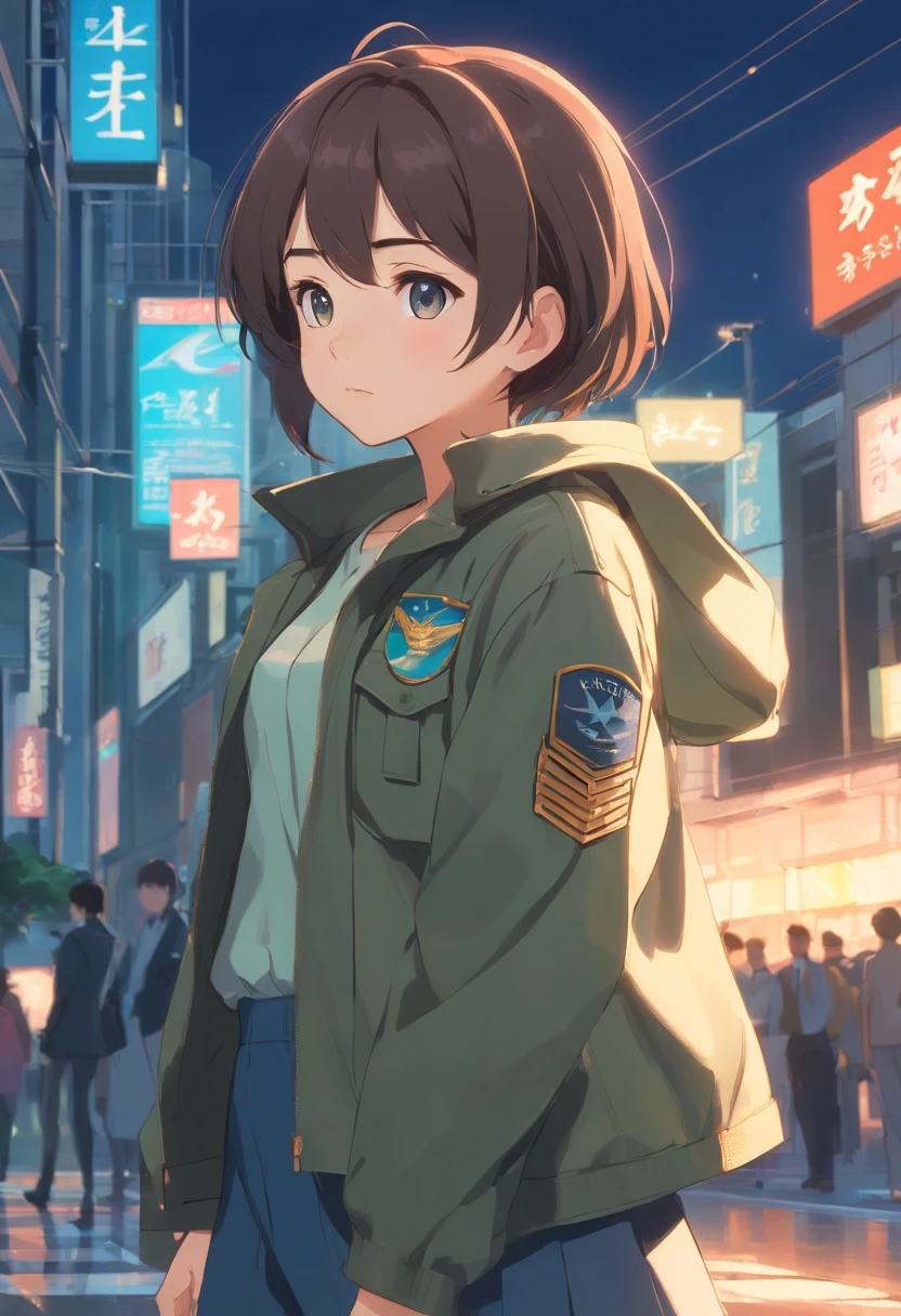 A 20-year-old girl wearing military civilian clothing,standing on your feet,Whole body diagram,a ,Qi bangs coiled hair,largeeyes,