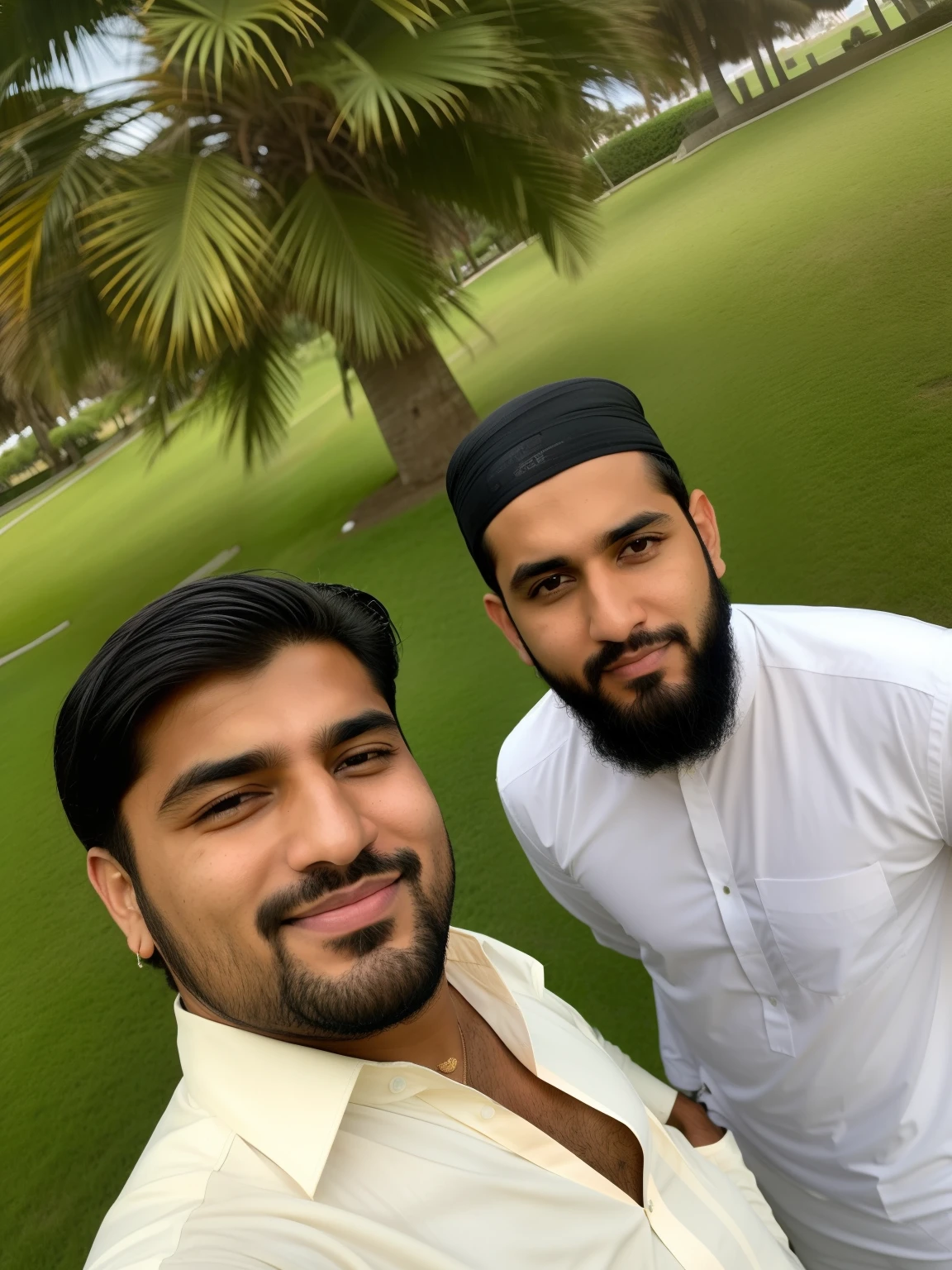 two men standing in a park with a palm tree in the background, very very low quality picture, ash thorp khyzyl saleem, at a park, kyza saleem, profile picture, profile picture 1024px, khyzyl saleem, in a park, very clear picture, ghutra and egal, profile pic, old picture
