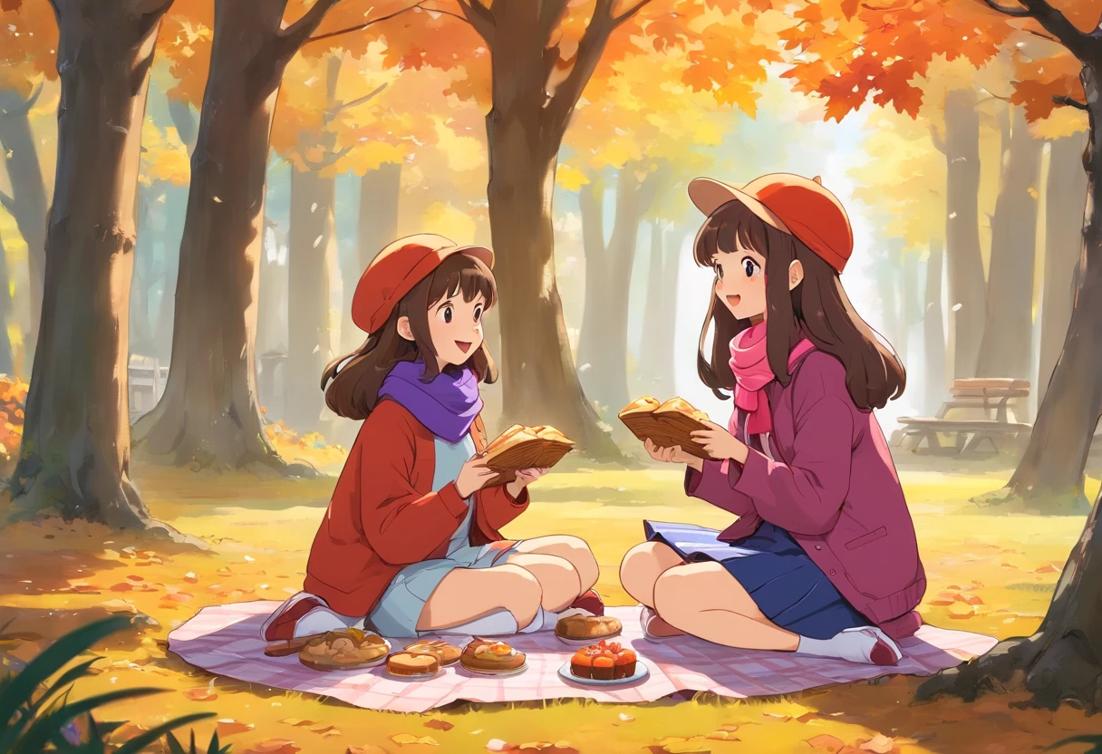 Two teenage girls sitting under a maple tree have a picnic, fall season, Japanese manga style，A teenage girl,  light brown hair that's curly and short , Wearing purple scarf and pink coat，Another teenage girl, long black hair who's slightly bigger wearing a beanie, purple coat, She's laughing. There is sandwiches on the floor，panini，Small cake，Fruit pie，high tea，some books，Japanese healing system，cute mushrooms around.