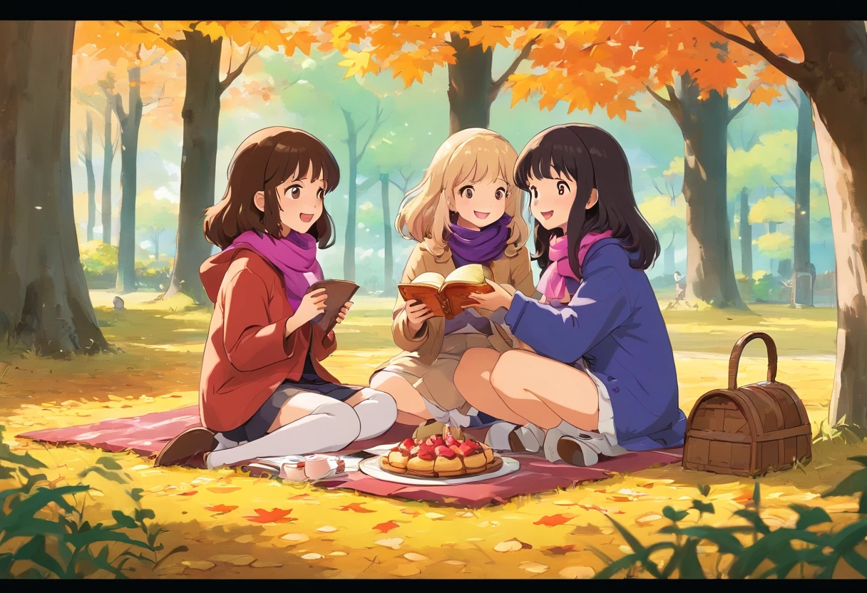 Two teenage girls sitting under a maple tree have a picnic, fall season, Japanese manga style，A teenage girl,  light brown hair that's curly and short , Wearing purple scarf and pink coat，Another teenage girl, long black hair who's slightly bigger wearing a beanie, purple coat, She's laughing. There is sandwiches on the floor，panini，Small cake，Fruit pie，high tea，some books，Japanese healing system，cute mushrooms around.