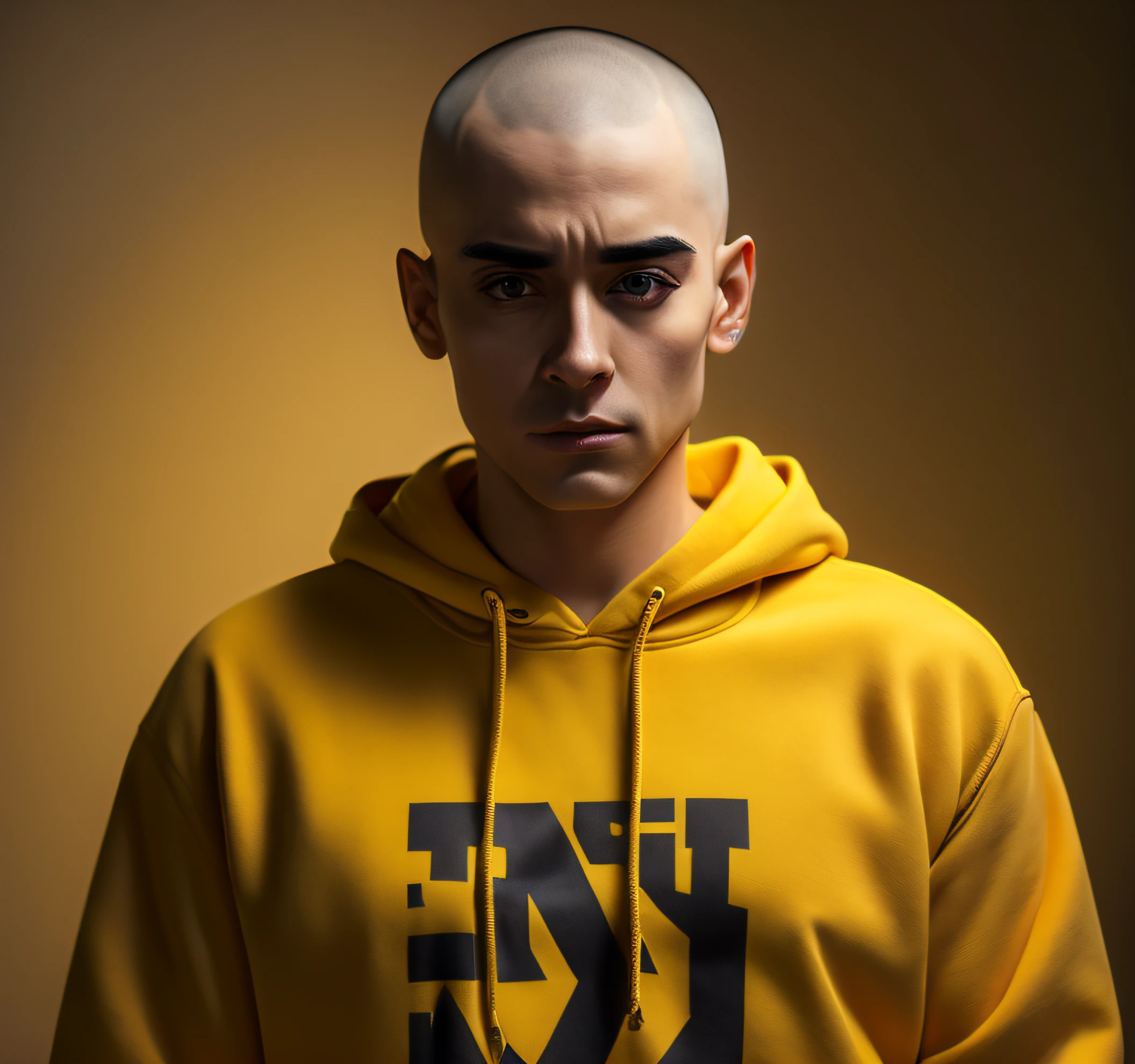 homem forte, pele caucasiano claro, olhos castanhos vibrantes, skinhead, com blusa de moletom com capuz amarelo, 8k, uhd, severe low lighting, alta qualidade, foco nitido, fujifilm XT3