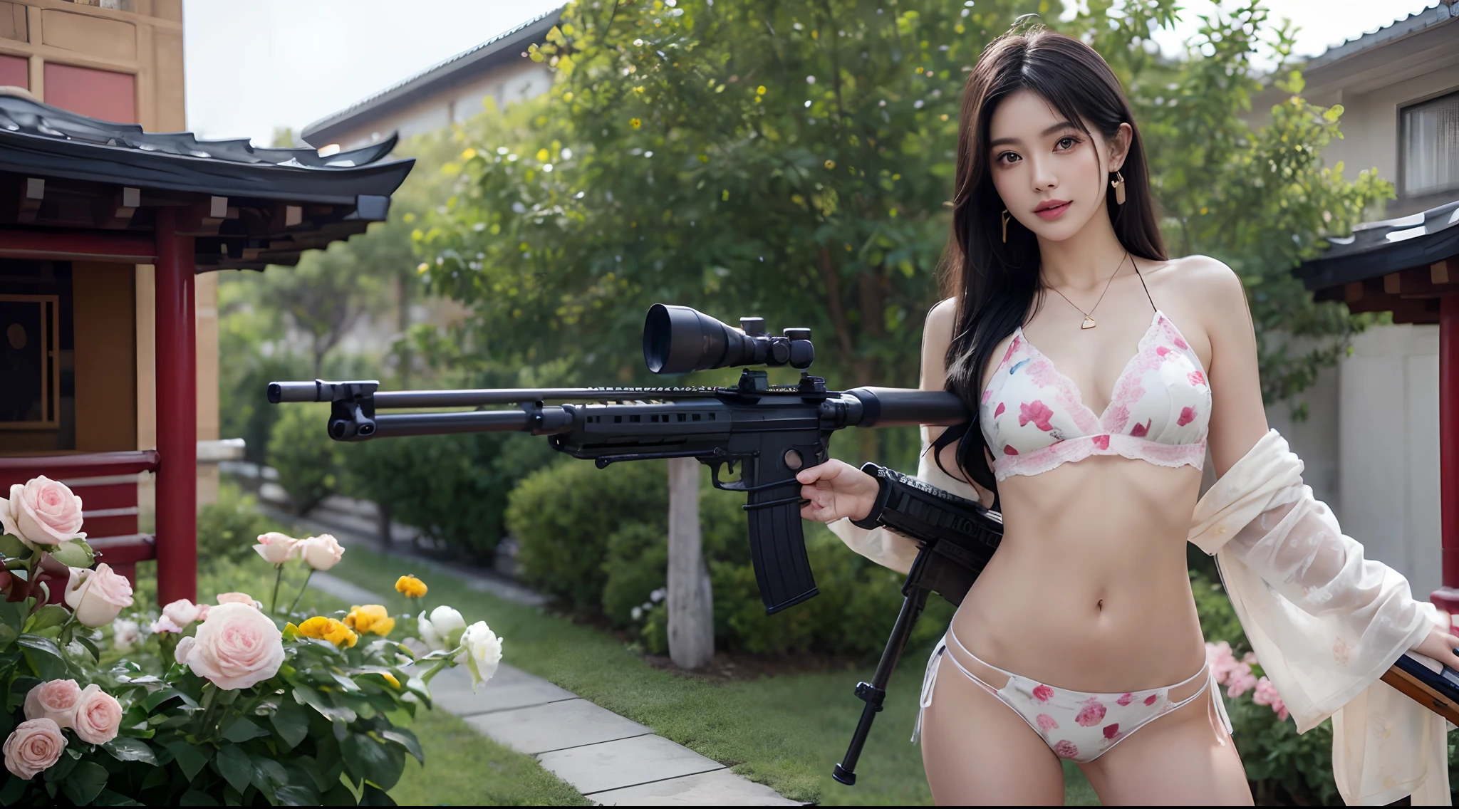 Smiling female sniper,Ambush the roof of the building,Battle background(Roof),Equipped with M16 assault rifle,Hyper-detail photography,Mattire,Golden ratio,Chinese woman、Youthful、Light pink floral underwear、White purple floral lace panties、exposing your navel、long whitr hair、Tall guy、Black hair color、full bodyesbian、photorealestic、the skin is wet,Full breasts,Big chest、largeeyes、perfect anatomia,Rose tattoo,Soldier girl black hair sniper rifle handle, Holding an assault rifle, M16, Inside the city, Very detailed, Perfect face, Black eyes, Lips, Wide hips, Small waist, Tall, Makeup,Wear flower earrings,Bullet necklace,32K Ultra HD,High fineness,highest quality