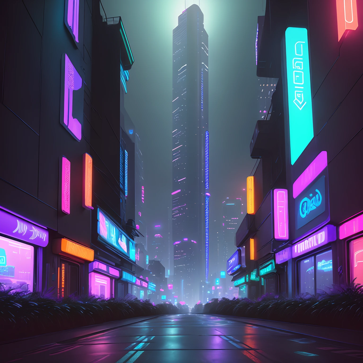 (best quality, masterpiece), a futuristic cyberpunk city bathed in neon lights, slick and dark alleys, a bustling street corner, towering skyscrapers reflecting glittering colors from the night sky.