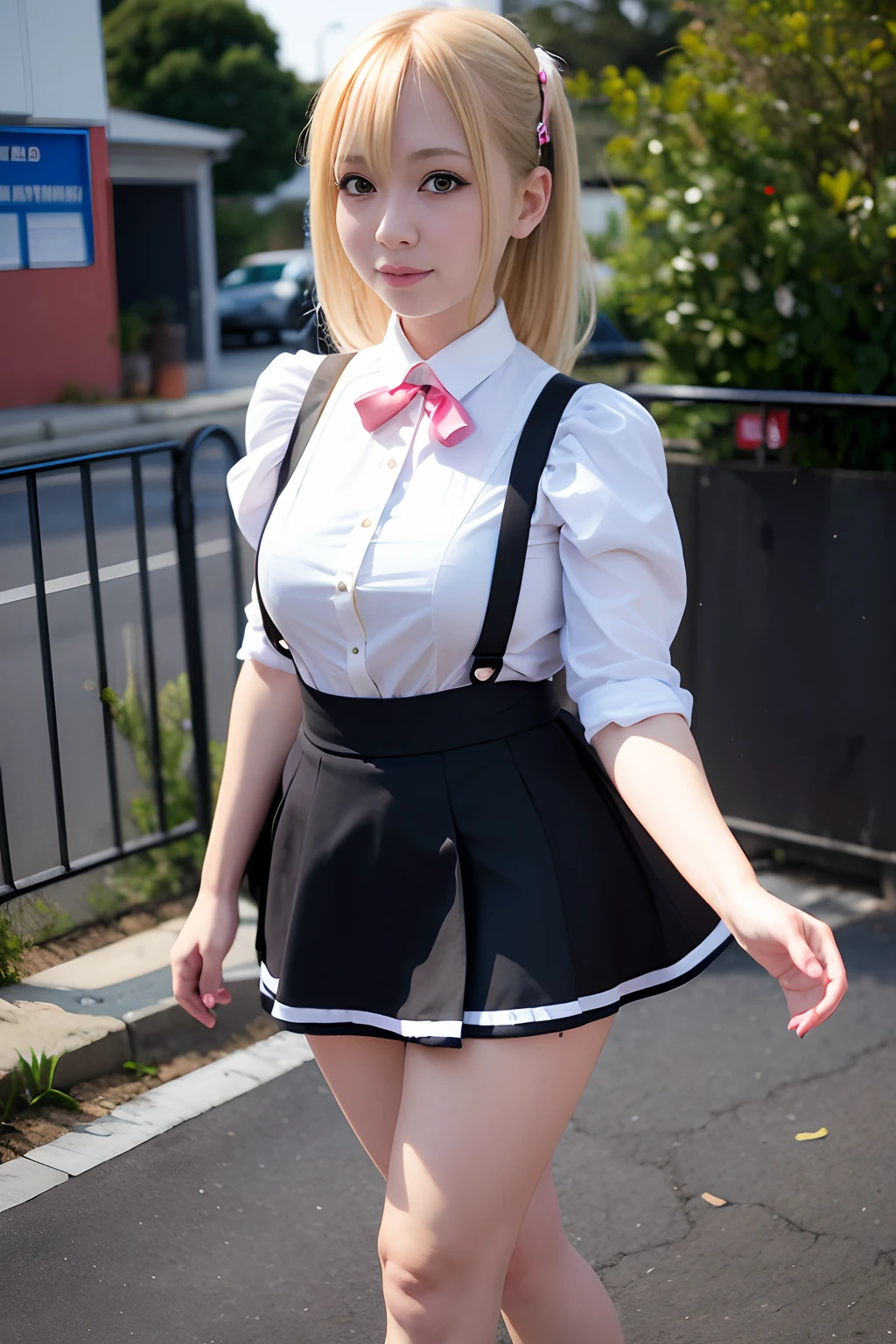 Blonde hair woman in short skirt and blouse walks down the street, Lift the hem of the skirt with both hands to show the white panties、Anime girl cosplay, a hyperrealistic schoolgirl, a hyperrealistic schoolgirl, sakimichan hdri, Anime style mixed with Fujifilm, real life anime girl, Cosplay, Anime Cosplay, Lori, maid clothes, anime girls in maid costumes, sakimichan, small curvy loli