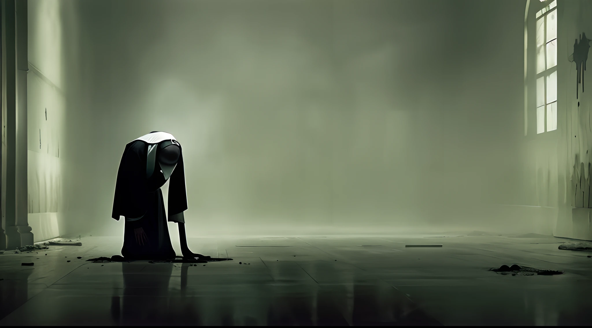 Possessed nun vomiting black liquid on abandoned church floor
, dynamic lighting, photorealistic, trends in the art station, stunning visuals, nebulous, creative, cinematic, ultra detailed, atmospheric, ambient lighting, scary art, bad quality, heavy film grain, desaturated, dark tones, horror, terror, nightmares,