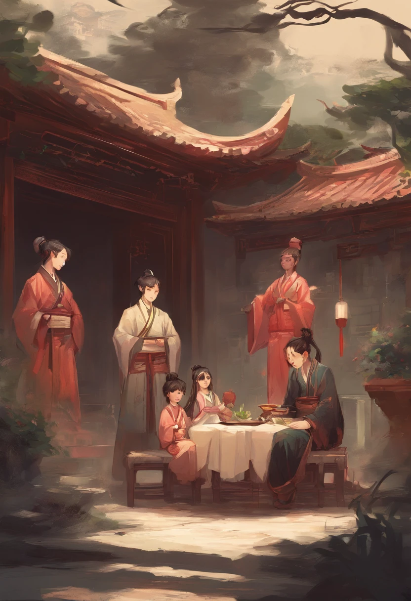 Under the patio,The family surrounds a small child,Chinese style ,