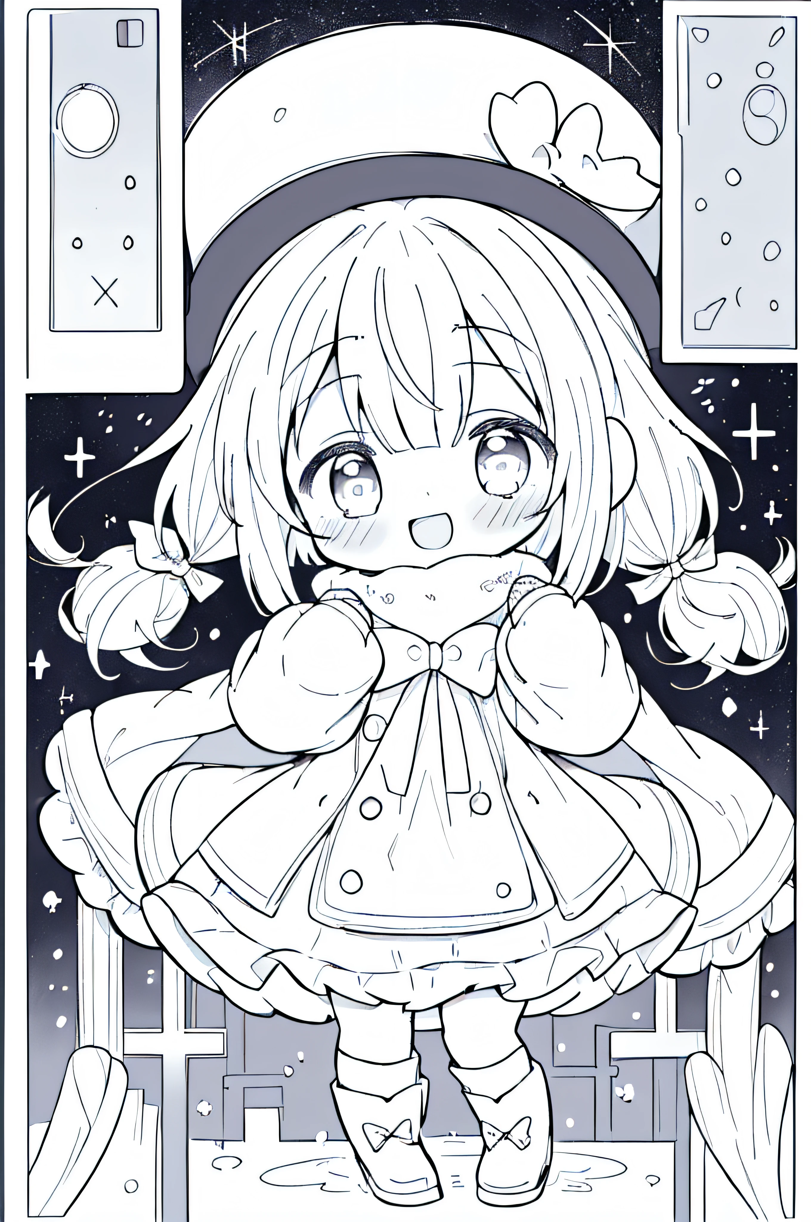 sketch,((((coloring book,monochromes,linear art,White Only)))),High contrast;Little witch girl in winter magic hat,(Has twin tails),Wearing a winter dress robe;((masutepiece)),((High quality)),((detaileds)),((8K Wallpaper)); embarrassed;From above,Full body,Dynamic Angle,Posing;round (removed) Eyes;Wind,snow particles;((1girl in)),((Chibi)),((Short hair)),Twin tail,Winter dress robes,Magic Hat,hair pin,bow ribbon,Twin tail,sox,long boots;Open mouth,(lightsmile),(frilld);((Shoujo Mangacore)),((icons)),Ink Space,(((adobe illustration))),thick outline,600 Depi,pixel art