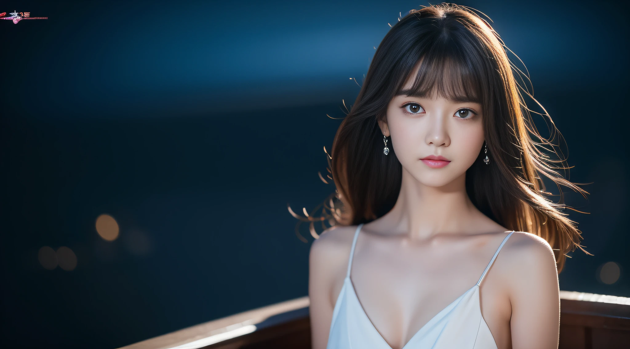 the Extremely Detailed CG Unity 8K Wallpapers、top-quality、ultra - detailed、tmasterpiece、studio shoot、Full body portrait、White transparent porcelain dress、hentail realism、photoreali、extremely detailed cute girl、独奏、Sixteen-year-old girl、side looking, A shy expression, Night view background, cabelos preto e longos, 、floated hair、shaggy、Out of focus、bblurry、