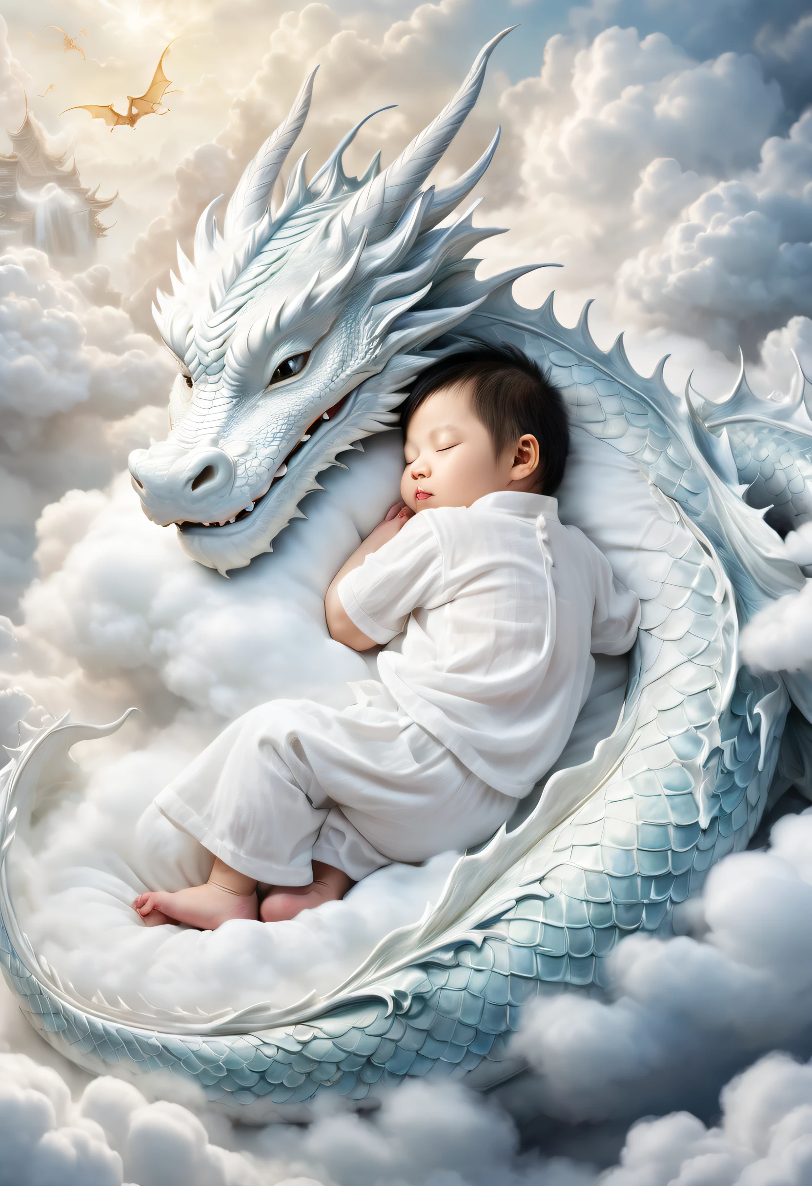 A -yead Chie baby girl,ly, face round,Slept on a white dragon bed, a photorealistic painting by Ju Lian, shutterstock contest winner, Fantasy art, a dragon made of clouds, Chinese fantasy, lie on white clouds fairyland，Camera shot, Film style, Intricate and refined details, high qulity，japanaese girl