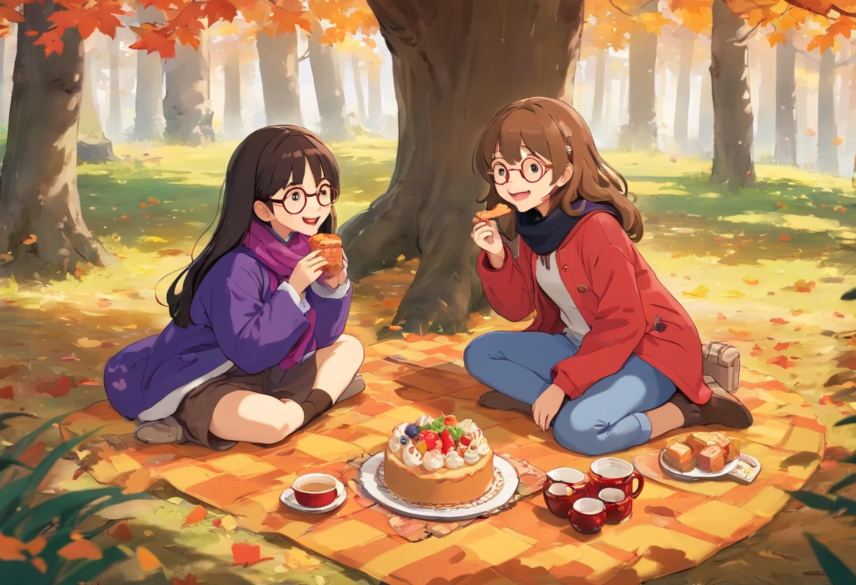 Two age girls sitting under a maple tree have a picnic, fall season, Japanese manga style,A teengirl, light brown hair that's curly and short , Wearing purple scarf and pink coat,Another teenage , long black hair wearing glasses a beanie, purple coat, She's laughing. There is sandwiches on the floor,panini,Small cake,Fruit pie,high tea,some books,Japanese healing system,cute mushrooms around.
