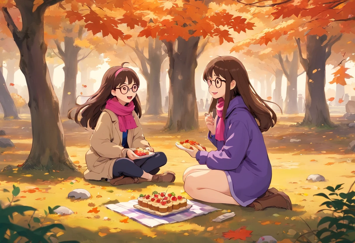 Two age girls sitting under a maple tree have a picnic, fall season, Japanese manga style,A teengirl, light brown hair that's curly and short , Wearing purple scarf and pink coat,Another teenage , long black hair wearing glasses a beanie, purple coat, She's laughing. There is sandwiches on the floor,panini,Small cake,Fruit pie,high tea,some books,Japanese healing system,cute mushrooms around.