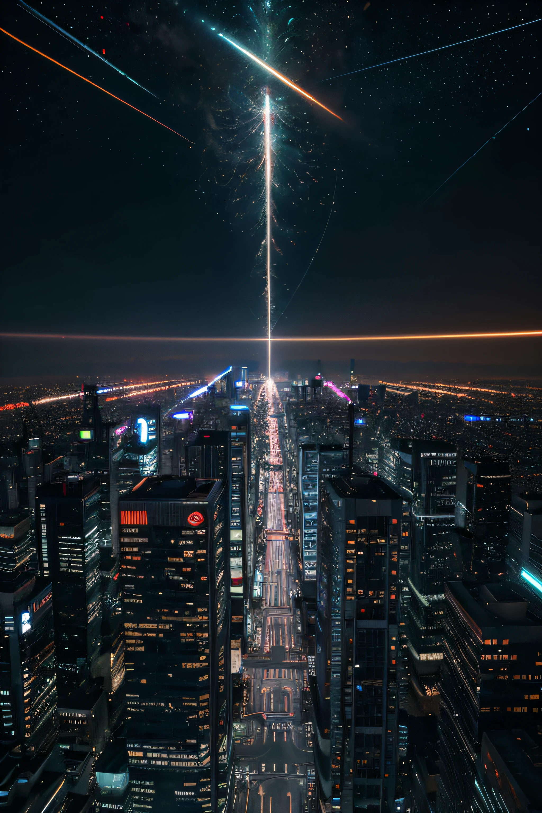 A stunning digital rendering depicts an array of sleek AI robots descending from the skies down onto a futuristic cityscape. The scene is rendered in vivid RGB colors that give the metallic figures an alluring luster as they float weightlessly over the towering skyscrapers. Their eyes and joints glow with cybernetic energy, ephemeral trails tracing their paths like comets streaking toward Earth. Far below, highways and buildings thrum with holographic screens and lights pulsating in synchronized patterns, as if the entire city is coming online to welcome its new machine inhabitants. The vibrant, mesmerizing rendering envisions an almost spiritual arrival of AI replacing humanity, a surreal digital apotheosis promising an unknown transhuman future.