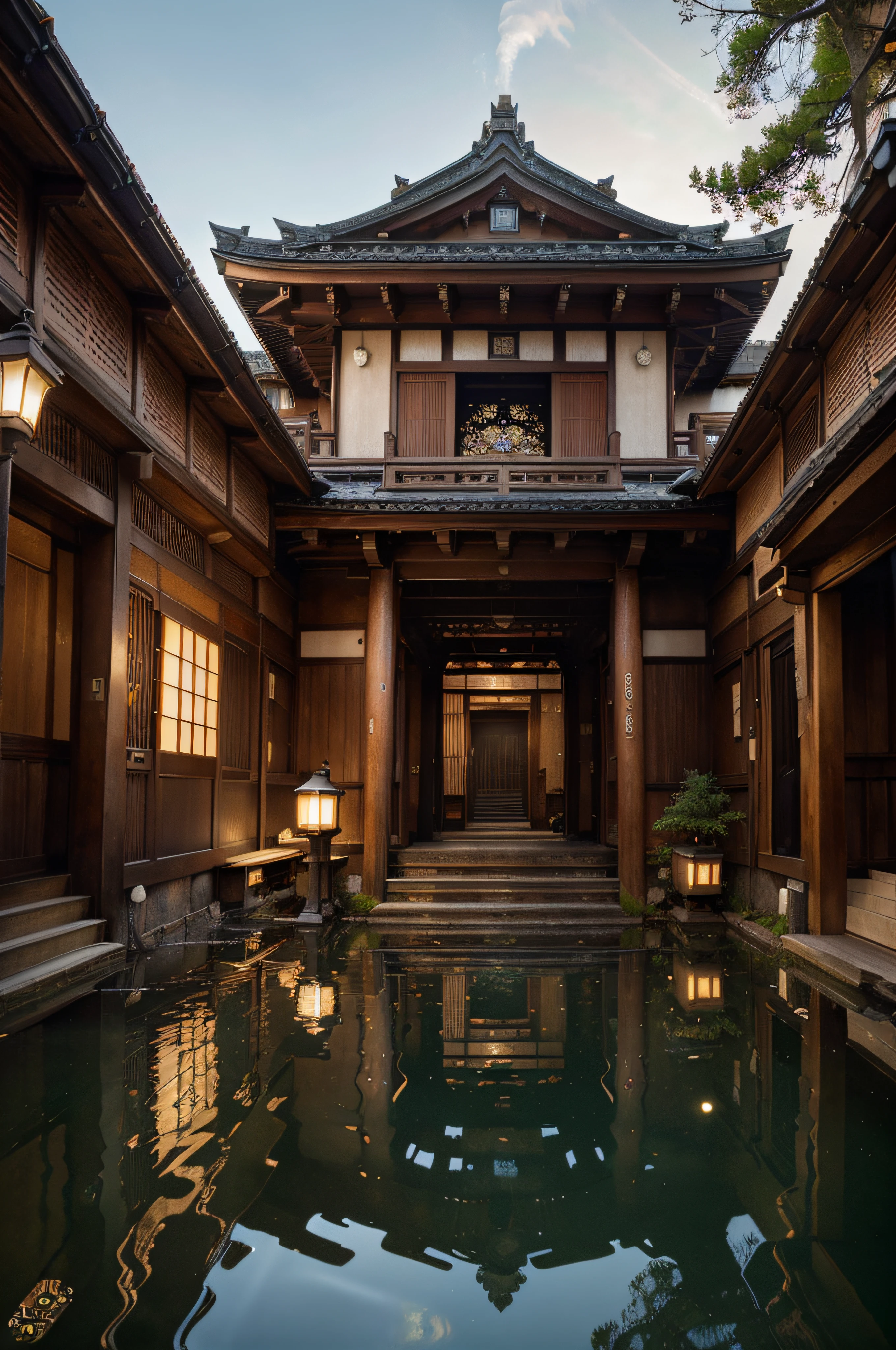 (masterpiece, top quality, best quality, official art, beautiful and aesthetic:1.2), extreme detailed,(fractal art:1.3),colorful,highest detailed in ultra detailed complex onsen, puddle, water, torii gate, japanese buildings,(best-quality:0.8), (best-quality:0.8), perfect anime illustration, BREAK steam Colored LED lights will provide the illumination and an Olympus OM-D E-M1 Mark III with a 45mm prime lens will be used, apertura f/1.8 and shutter speed of 1/125s. --v 5 --s 750