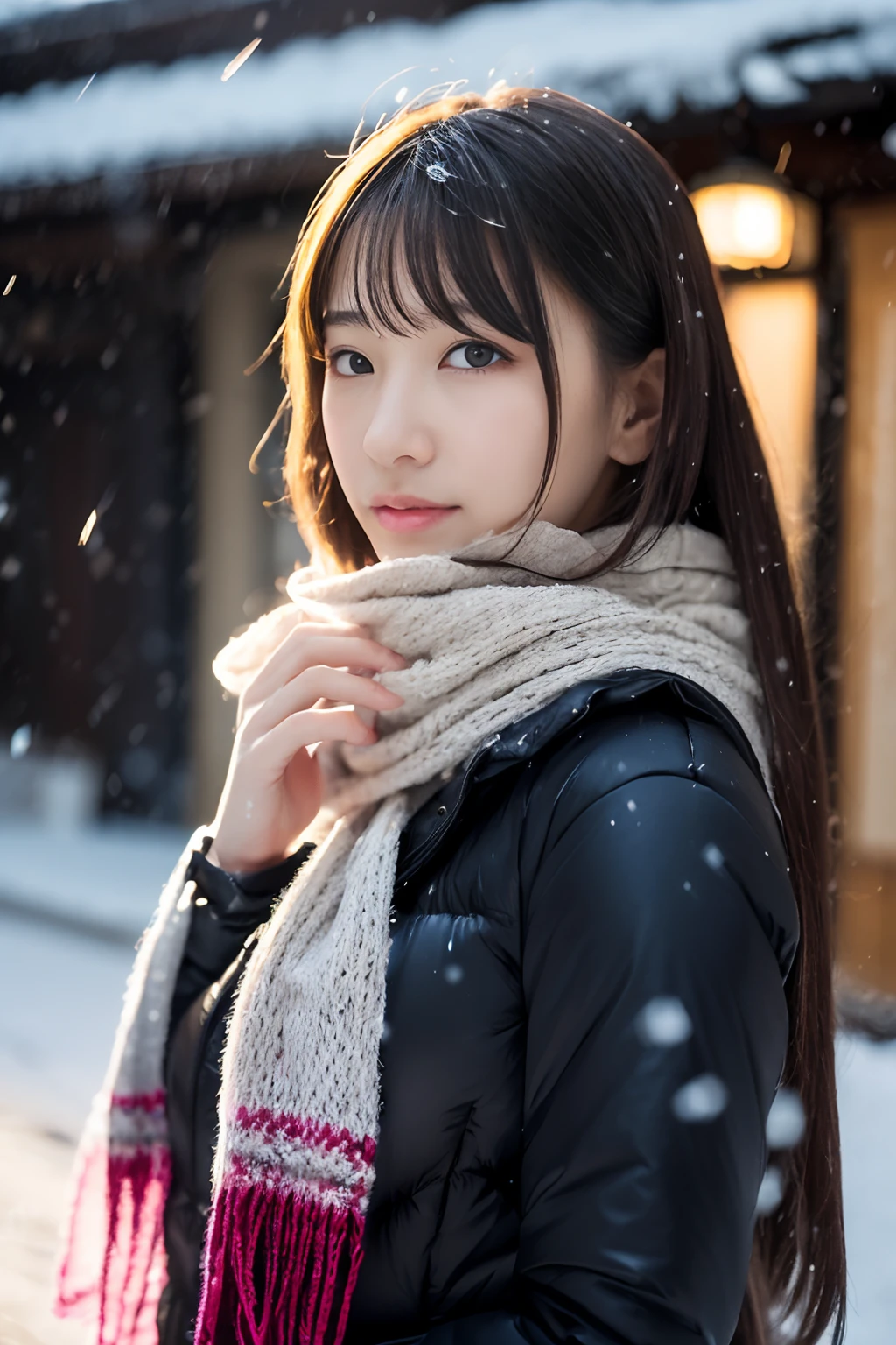 ((no-makeup、closes mouth:1.2))、(realisitic、Photorealsitic、ultra-detailliert、Highest Details Skins、top-quality、​masterpiece、超A high resolution)、Cute Japan Woman、17 age、hi-school girl、younggirl、1 girl in、I have bangs、二重まぶた、drooing eyes、Japanese style face、purity、double tooth、Realistic skin type、Thick muffler、Grey muffler、fluffy hair、((Hair is inside the scarf:1.3))、Red cheeks、The wind is blowing、It's snowing、natta、illuminations、Lighting from behind