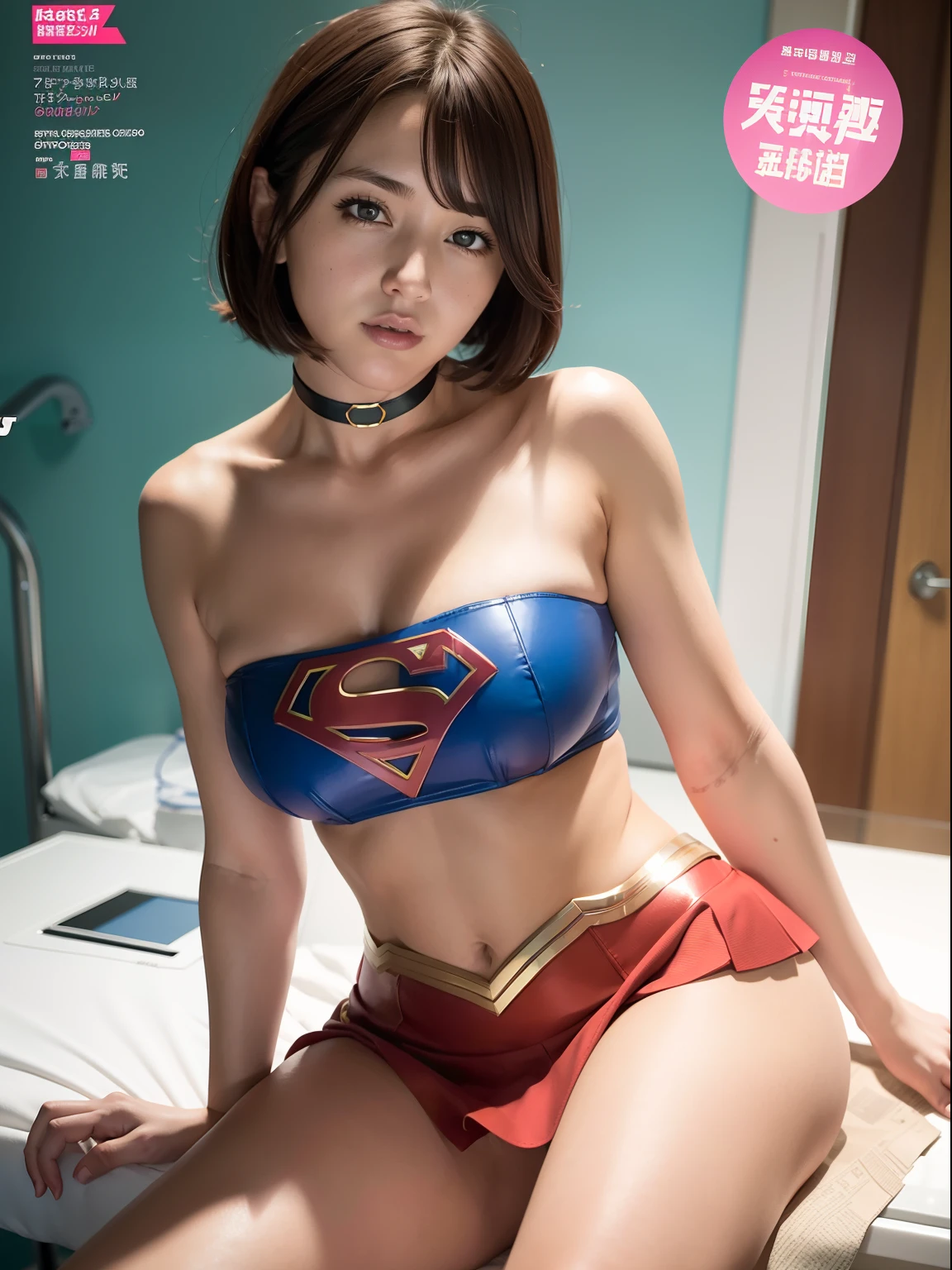 masterpiece,Supergirl Costume, short-hair, bare-legged, Plump breasts、surgery room、Operating table、straddle、depraved、shiny、Looking at the camera、seduces、estrus、a choker、Weekly magazine cover、Ultra mini skirt、Cheerful pose