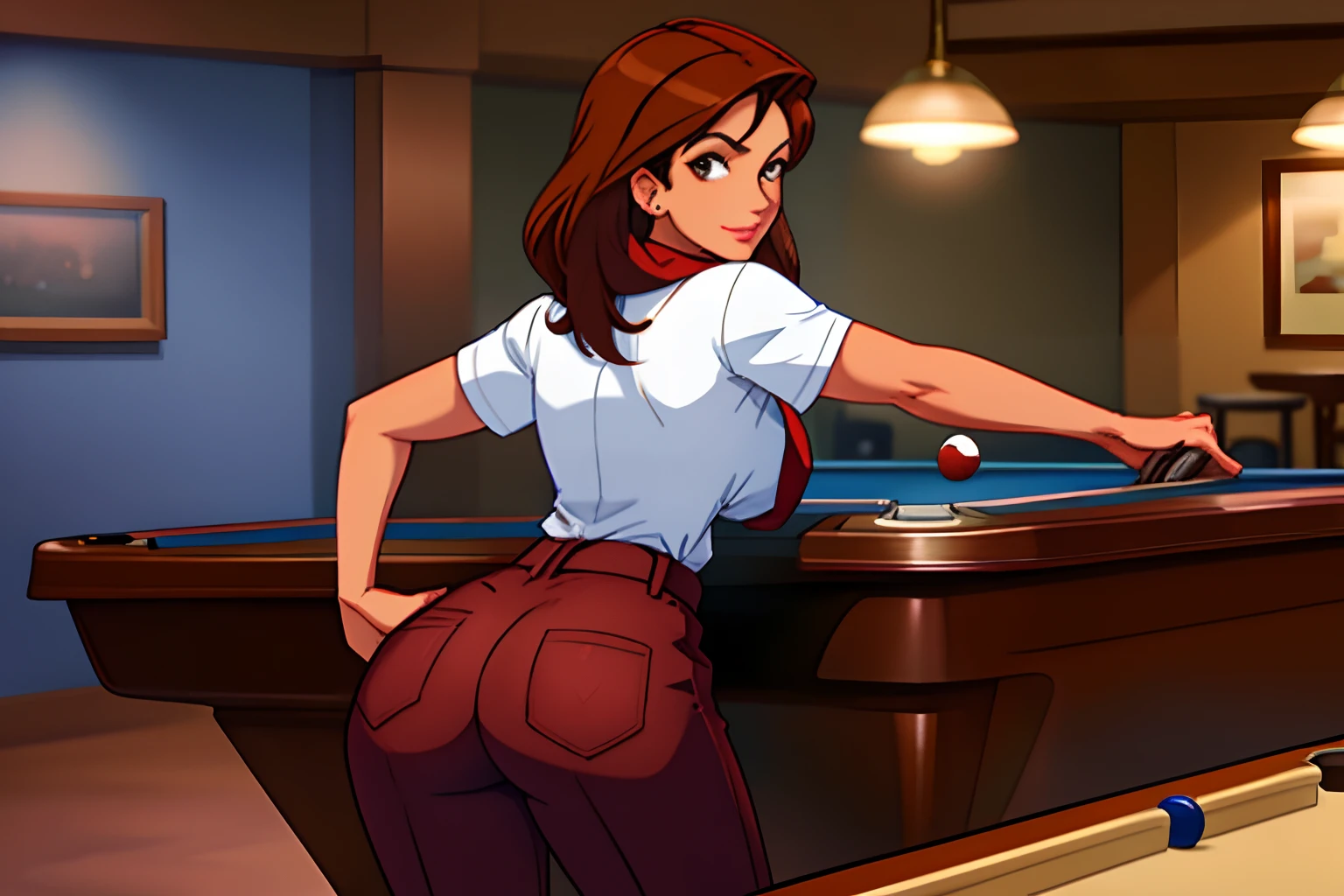 Denise milani, dark skin, brown hair, red neckerchief, white pinstripe button shirt, brown pants, bending over a pool table, many bar patrons staring, looking back at viewer