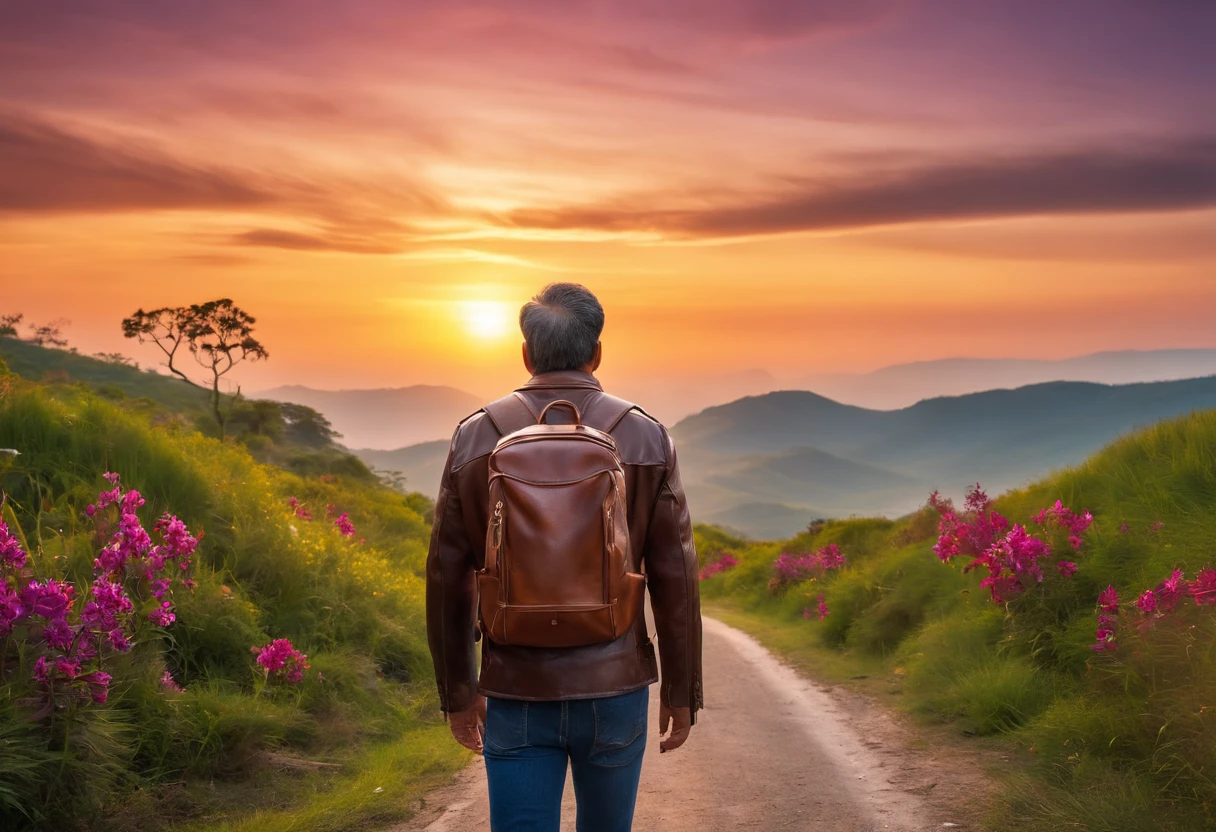 Create sharp, realistic 8k photos. A middle-aged Asian man walked towards the horizon, wearing a brown leather jacket, carrying a backpack, standing looking far into the horizon, his arms spread out cheerfully, behind his back were small poisonous orchids. colorful yellow purple red pink white. In the distance is a road leading to the sunrise horizon