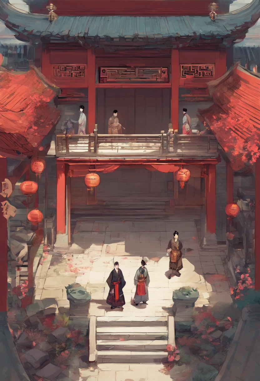 The top-down view is under the courtyard,The family surrounds a ,Chinese style ,