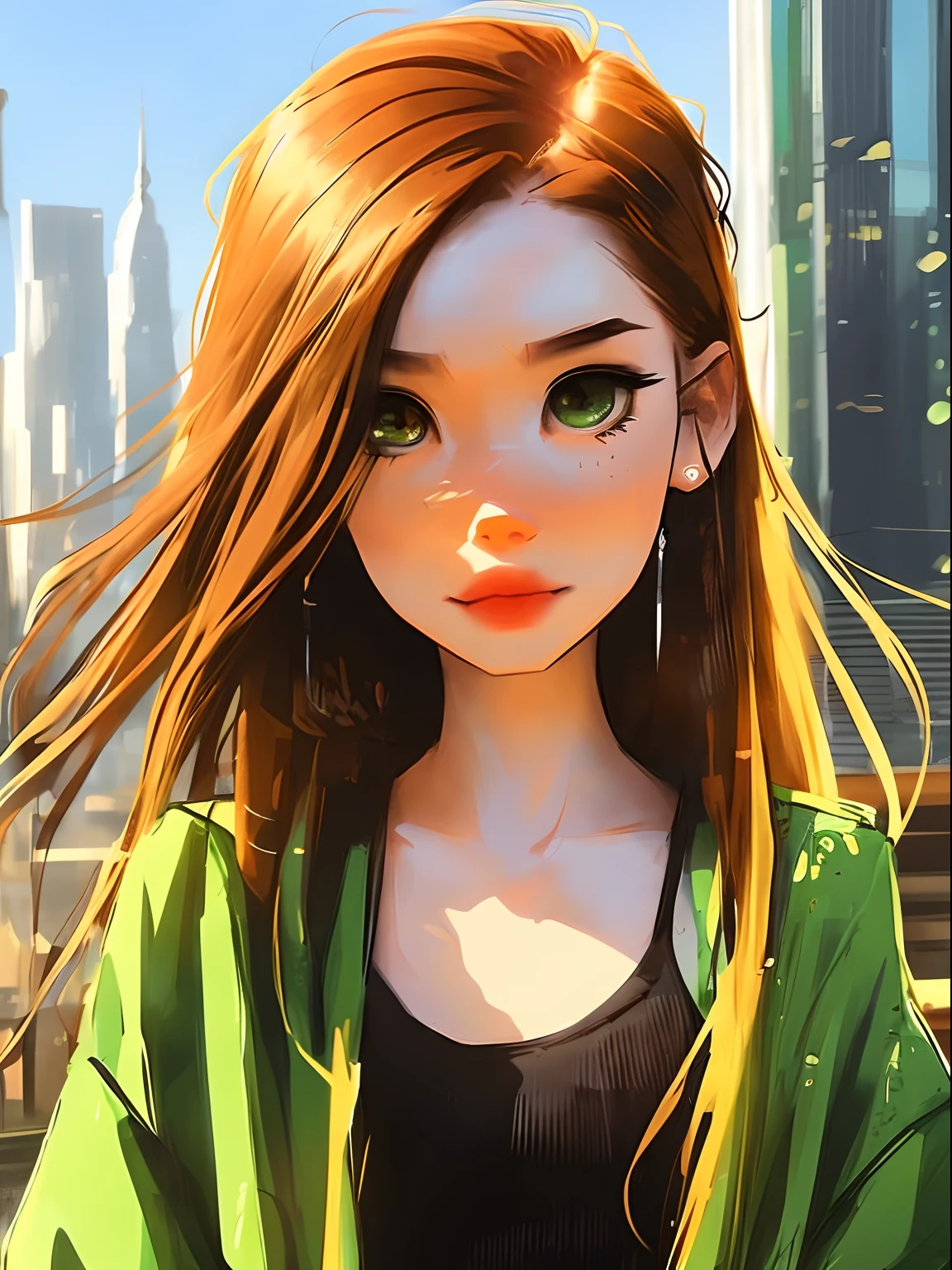 SamDoesArt, splash art, (intricate detail), (((young girl))), green jewel-like eyes, floating ginger hair, long straight hair, cute face, karen gillan, jeans shirt, new york city background