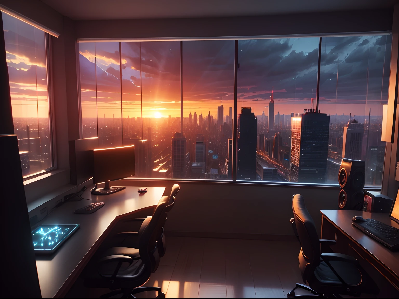gamer room, window to the city at sunset, rainy weather, ultra-realistic 4K definition, enhanced lights