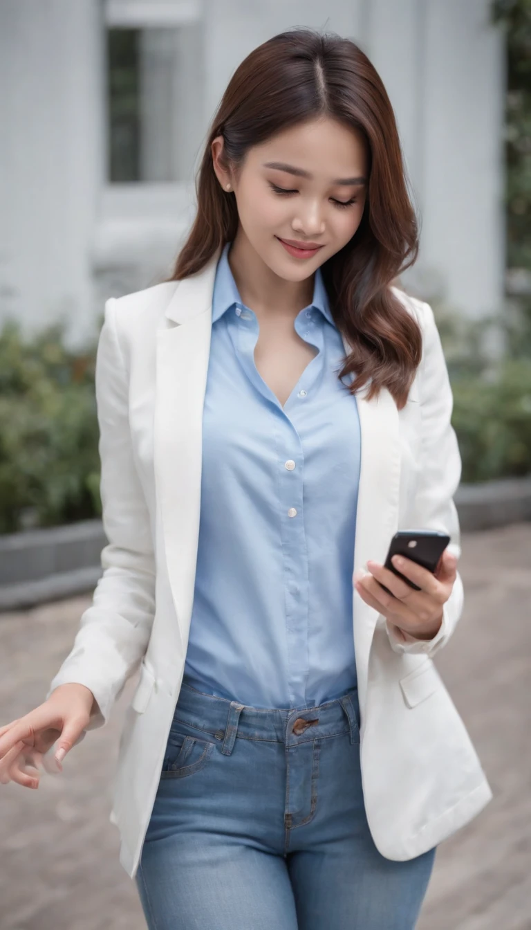 Reality drama scene shoot, a well in the garden, blue shirt, white blazer, blue jeans long pants, smiling while checking messages in her cellphone, 19 year old college girl, cute girl, beautiful girl, indonesian model, white healthy skin, delicate eyes,  double eyelids, earrings, full body photo, realistic hands, realistic fingers, detailed hands, detailed fingers, (sexy body:1.2)