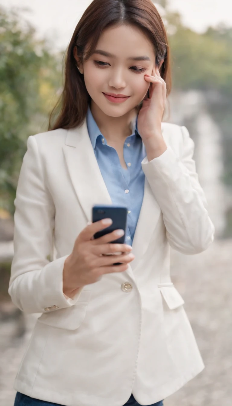 Reality drama scene shoot, a well in the garden, blue shirt, white blazer, blue jeans long pants, smiling while checking messages in her cellphone, 19 year old college girl, cute girl, beautiful girl, indonesian model, white healthy skin, delicate eyes, double eyelids, earrings, full body photo, realistic hands, realistic fingers, detailed hands, detailed fingers, (sexy body:1.2)