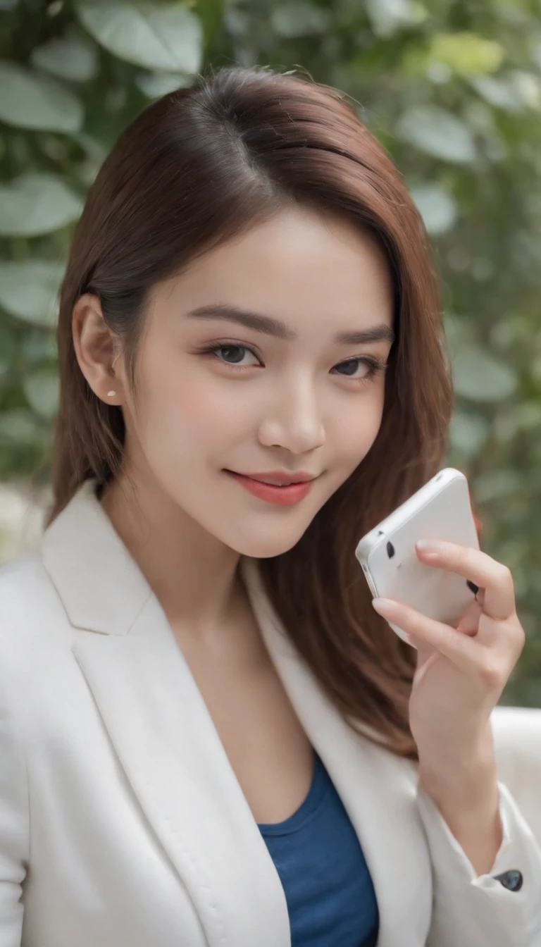 Reality drama scene shoot, a well in the garden, blue shirt, white blazer, blue jeans long pants, smiling while checking messages in her cellphone, 19 year old college girl, cute girl, beautiful girl, indonesian model, white healthy skin, delicate eyes, double eyelids, earrings, full body photo, realistic hands, realistic fingers, detailed hands, detailed fingers, (sexy body:1.2)