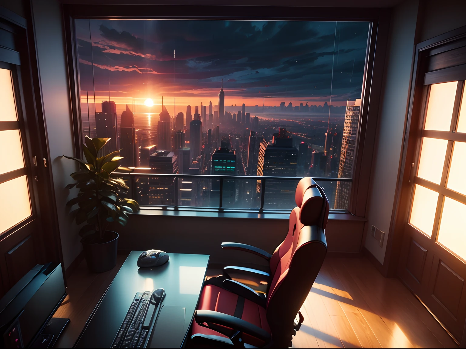 gamer room, window to the city at sunset, rainy weather, ultra-realistic 4K definition, enhanced lights