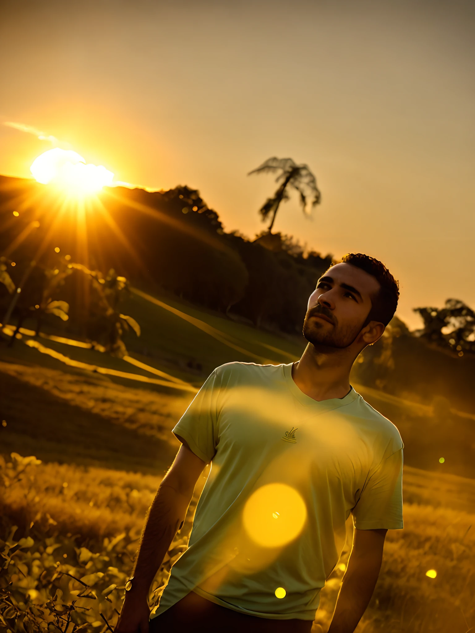 Arafed man standing in a field with a frisbee in his hand, sol brilhando sobre ele, nice afternoon lighting, sun behind him, Morning lighting, with sunset, Afternoon lighting, in the sunset, com pano de fundo de raios de deus, cinematic morning light, Sol da tarde, early morning lighting, late afternoon lighting, Morning light, morning sunlight, Tiro na Hora de Ouro