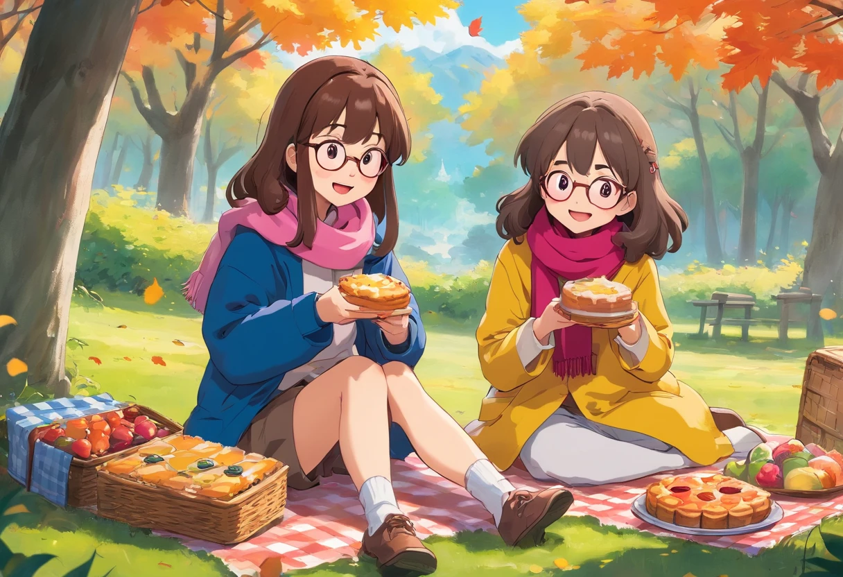 ONLY Two teenage girls sitting under a maple tree have a picnic, fall season, Japanese manga style,A teenage girl, light brown hair that's curly and short , Wearing purple scarf and pink coat,Another teenage girl, long black hair only she is wearing glasses a beanie, purple coat, She's laughing. There is sandwiches on the floor,panini,Small cake,Fruit pie,high tea,some books,Japanese healing system,cute mushrooms around.