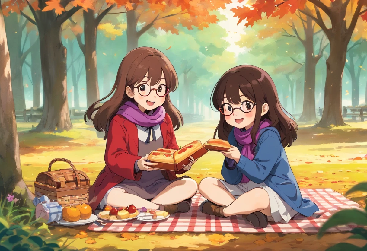 ONLY Two teenage girls sitting under a maple tree have a picnic, fall season, Japanese manga style，A teenage girl,  light brown hair that's curly and short , Wearing purple scarf and pink coat，Another teenage girl, long black hair only she is wearing glasses a beanie, purple coat, She's laughing. There is sandwiches on the floor，panini，Small cake，Fruit pie，high tea，some books，Japanese healing system，cute mushrooms around.