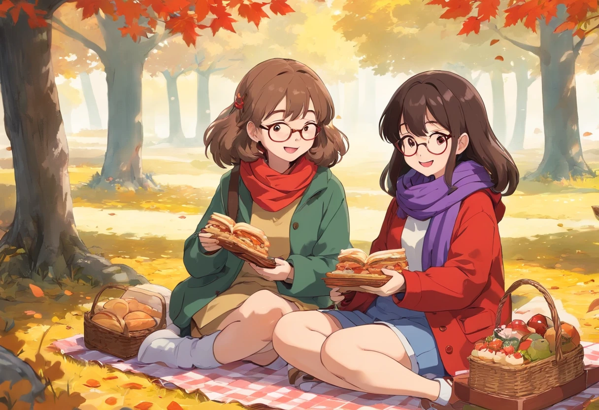 ONLY Two age girls sitting under a maple tree have a picnic, fall season, Japanese manga style,A teengirl, light brown hair that's curly and short , Wearing purple scarf and pink coat,Another teenage , long black hair only she is wearing glasses a beanie, purple coat, She's laughing. There is sandwiches on the floor,panini,Small cake,Fruit pie,high tea,some books,Japanese healing system,cute mushrooms around.