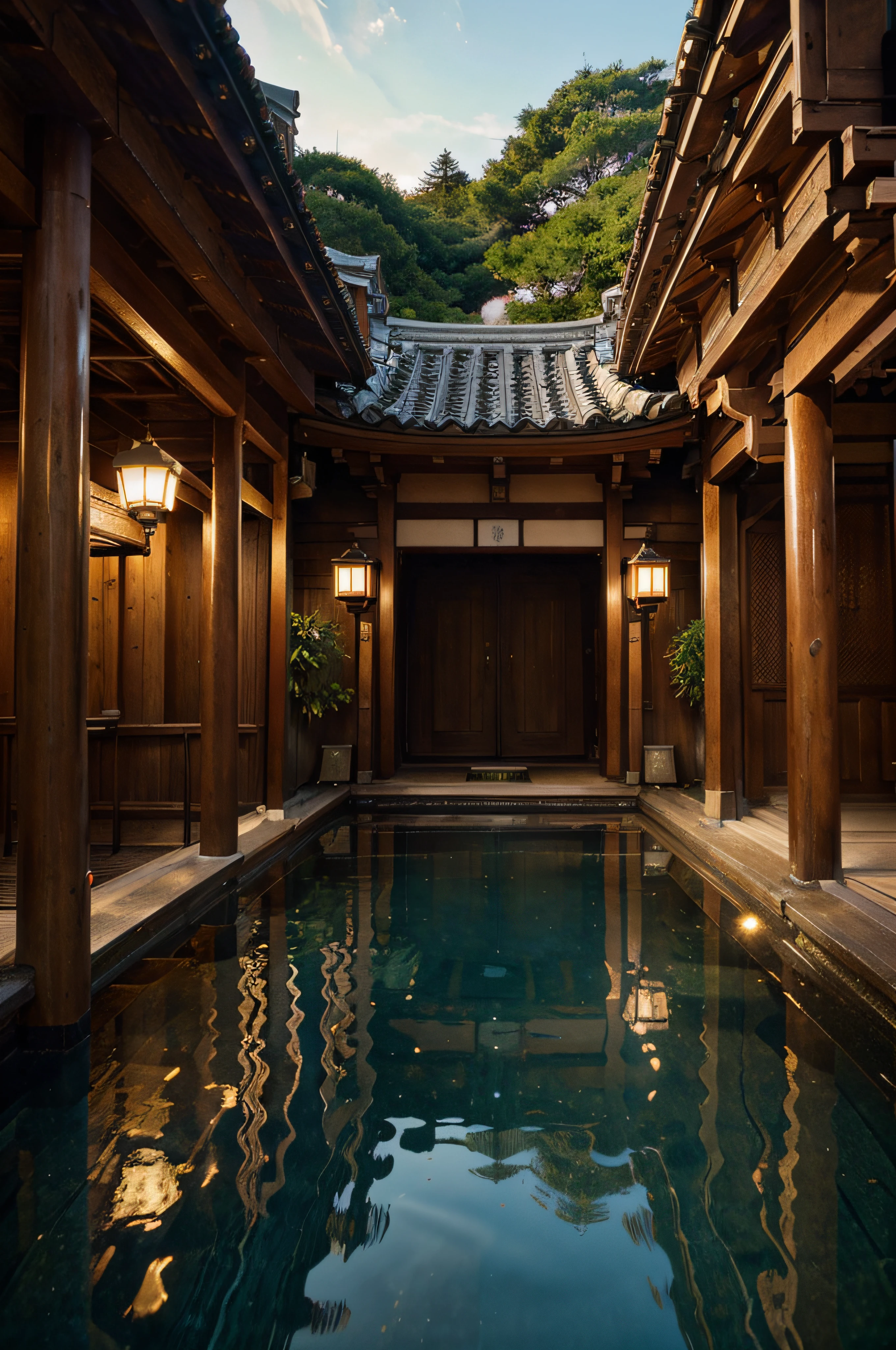 (masterpiece, top quality, best quality, official art, beautiful and aesthetic:1.2), extreme detailed,(fractal art:1.3),colorful,highest detailed in ultra detailed complex onsen, puddle, water, torii gate, japanese buildings,(best-quality:0.8), (best-quality:0.8), perfect anime illustration, BREAK steam Colored LED lights will provide the illumination and an Olympus OM-D E-M1 Mark III with a 45mm prime lens will be used, apertura f/1.8 and shutter speed of 1/125s. --v 5 --s 750