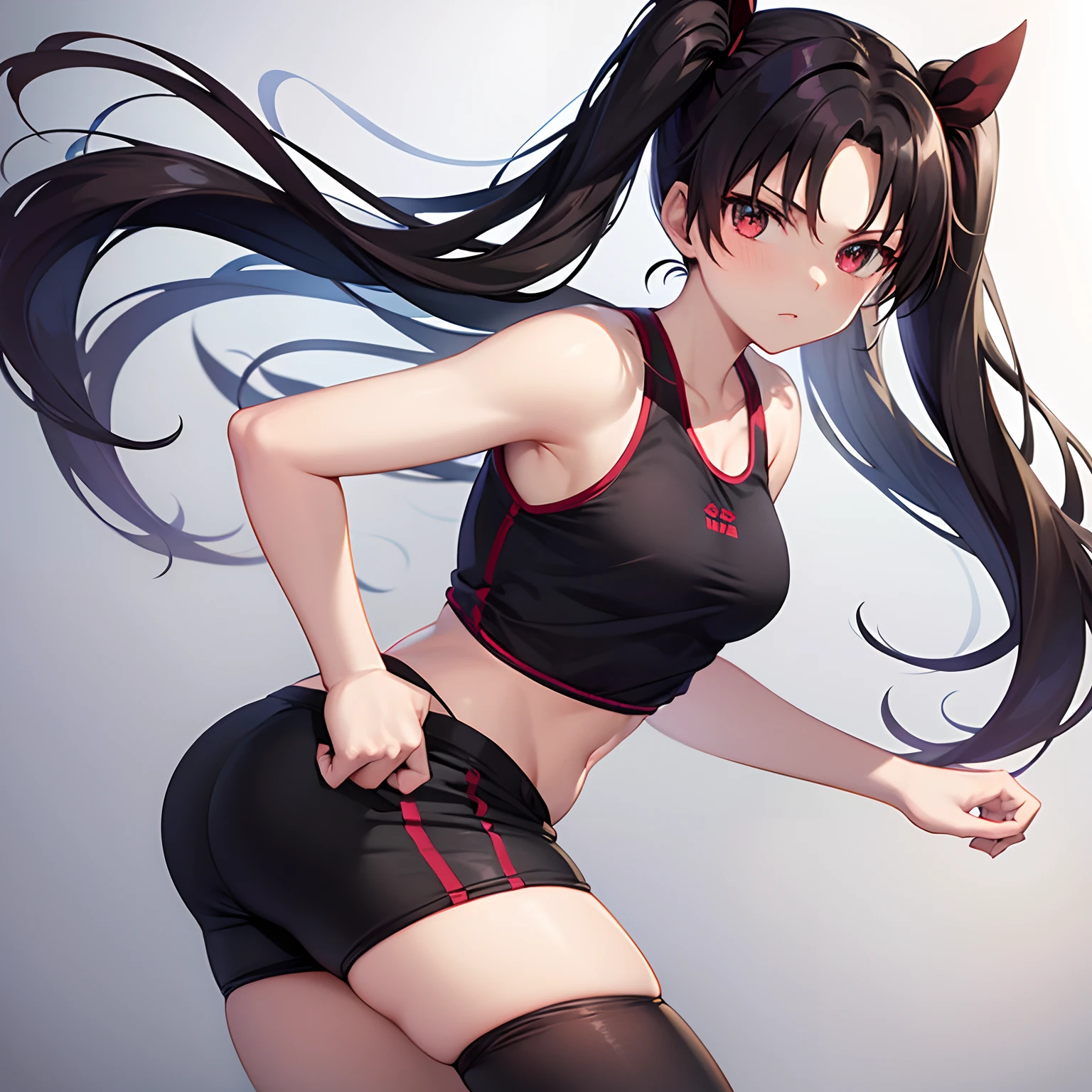 Tohsaka_rin, gym_clothes, sports_bra, spandex_shorts