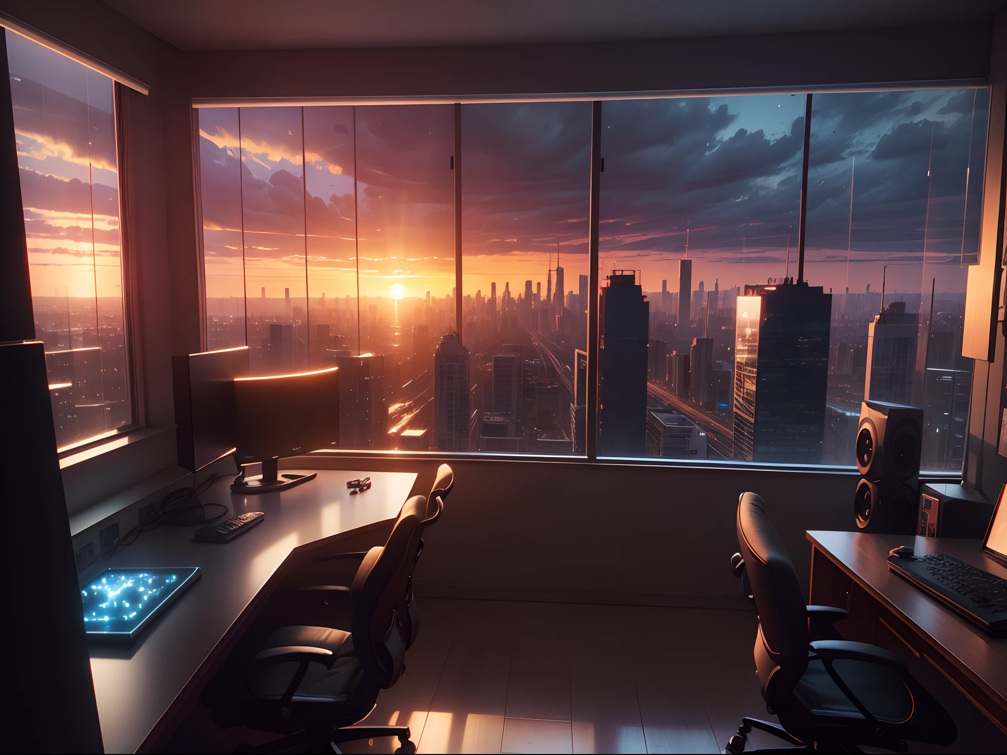 gamer room, window to the city at sunset, rainy weather, ultra-realistic 4K definition, enhanced lights