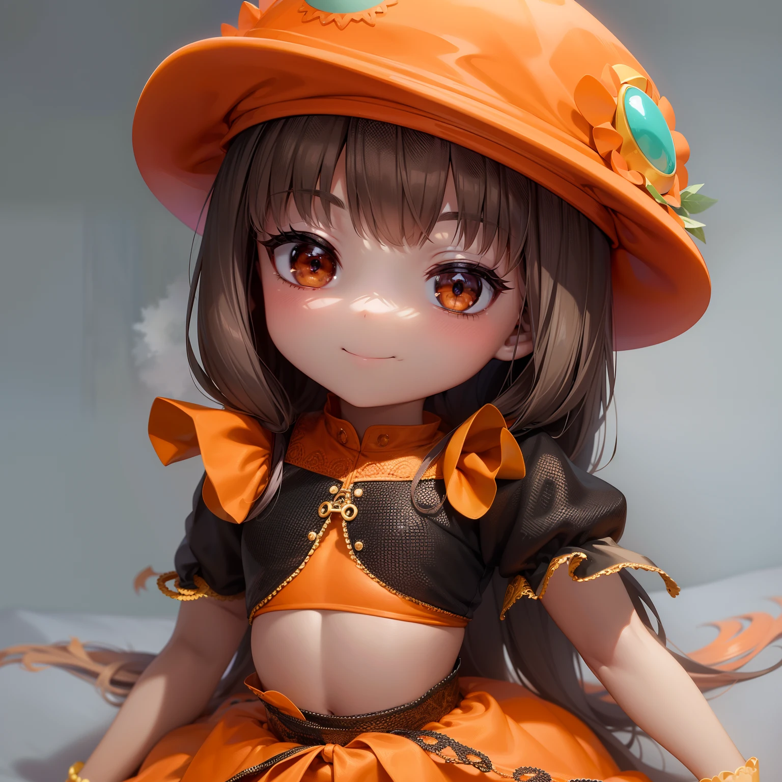 There is a doll with a hat and clothes, ball jointed doll, Loli, 🍂 Cute, lovely dark autumn princess, Cute Pocelain doll, skydoll noa, good smile company anime style, fluffy orange skin, Orange skin, anime barbie doll, Orange color, Also, 2023 4K, 🍁 Cute, pop up parade figure,close-up all over the body,complete,Real results,Highly anthropomorphic,