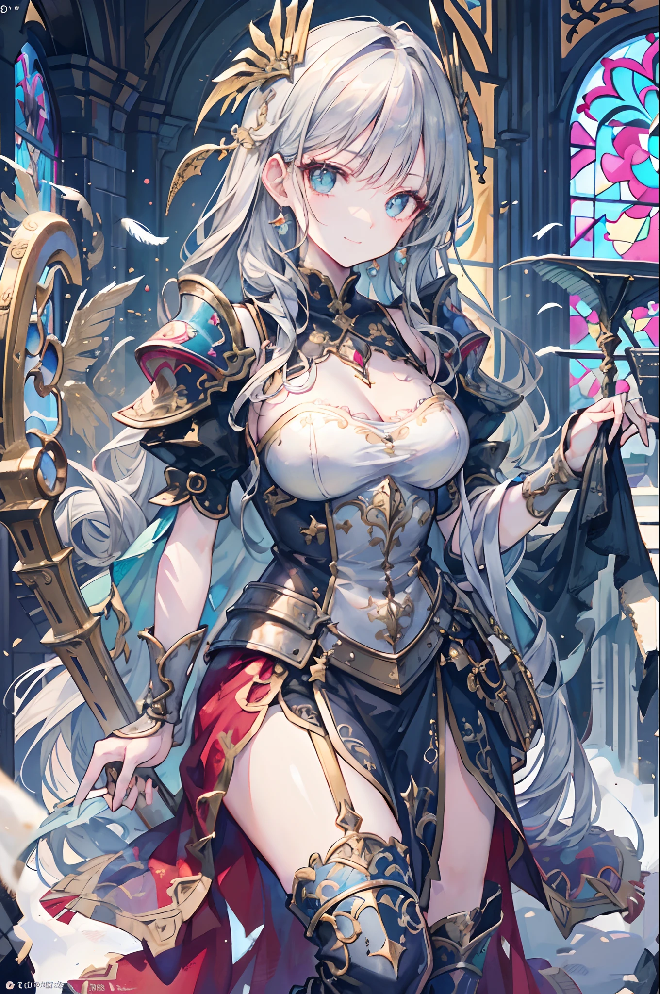 (Official art、Best Quality、Unity 8k Wallpapers、32K、masterpiece、ultra-detailliert、超A high resolution、The best illustrations、Very ridiculous:1.2)、(Cinematic lighting:1.2)、Fireglow effect、film grains、Best Shadows、Rim lighting、side lights、(Ultra-detailed and complex 3D rendering)、Detailed beautiful face and eyes、Sharp pupils、Realistic pupils、A slender、1Man Woman、Medium bust、(Full body:1.2)、 beauitful face、-yeld beiful girl、(super detailed skin、detailed skin textures:1.3)、(silver blond、Blue-silver hair:1.3)、Paladin、Longhaire、Blunt bangs、Green eyes、3 braids in 1 bunch、(Blue Armor、Blue Boots、Blue helmet、Jeweled、Gold embroidery)、A slender、Maxi skirt、(thighs thighs thighs thighs:0.8)、(chies、in a house、Artistic stained glass、Large pipe organ、Hello Point、Mystical、a lot of feathers float、angelicales、Particles of light、solemnity、Sunlight is、colourfull、Fantastical:1.2)、(Fantastical:1.3)、(Holding the Holy Sword:1.0)、Fantastical、Smiling smile