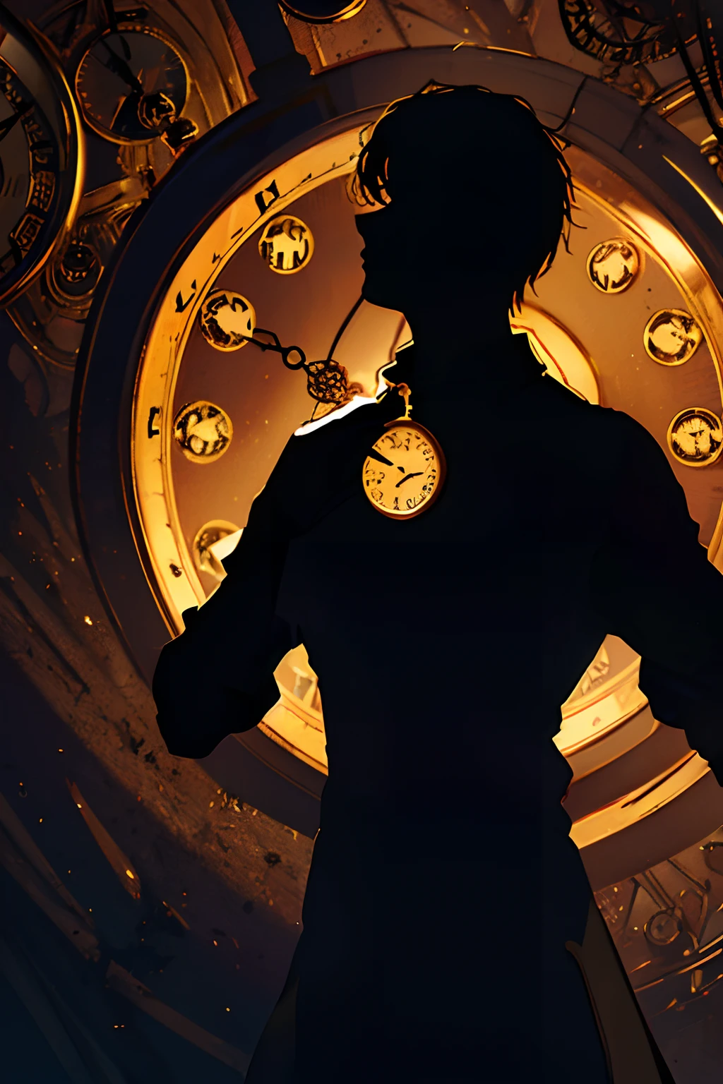 (best quality, high resolution, ultra-detailed, realistic: 1.37), silhouette of a man holding a striking pocket watch, surrounded by darkness and clocks, illustrative rendering, intricate details, mysterious atmosphere, vibrant colors, dynamic lighting, style Gothic