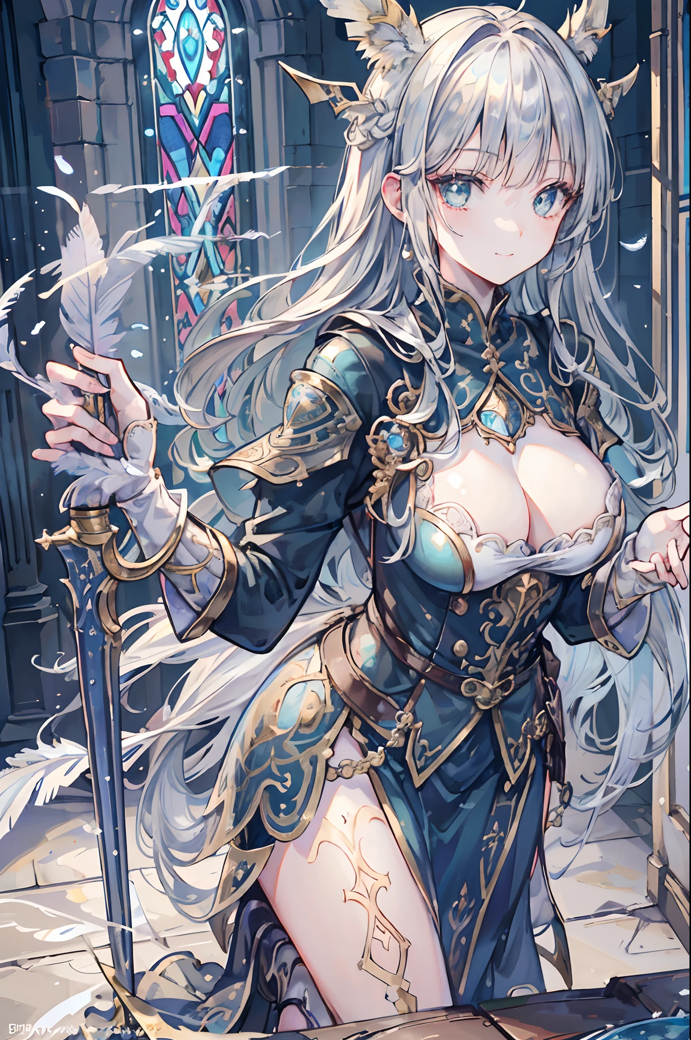 (Official art、Best Quality、Unity 8k Wallpapers、32K、masterpiece、ultra-detailliert、超A high resolution、The best illustrations、Very ridiculous:1.2)、(Cinematic lighting:1.2)、Fireglow effect、film grains、Best Shadows、Rim lighting、side lights、(Ultra-detailed and complex 3D rendering)、Detailed beautiful face and eyes、Sharp pupils、Realistic pupils、A slender、1Man Woman、Medium bust、(Full body:1.2)、 beauitful face、16-year-old beautiful girl、(super detailed skin、detailed skin textures:1.3)、(silver blond、Blue-silver hair:1.3)、Paladin、Longhaire、Blunt bangs、Green eyes、3 braids in 1 bunch、(Blue Armor、Blue Boots、Blue helmet、Jeweled、Gold embroidery)、A slender、Maxi skirt、(thighs thighs thighs thighs:0.8)、(chies、in a house、Artistic stained glass、Large pipe organ、Hello Point、Mystical、a lot of feathers float、angelicales、Particles of light、solemnity、Sunlight is、colourfull、Fantastical:1.2)、(Fantastical:1.3)、(Holding the Holy Sword:1.0)、Fantastical、Smiling smile