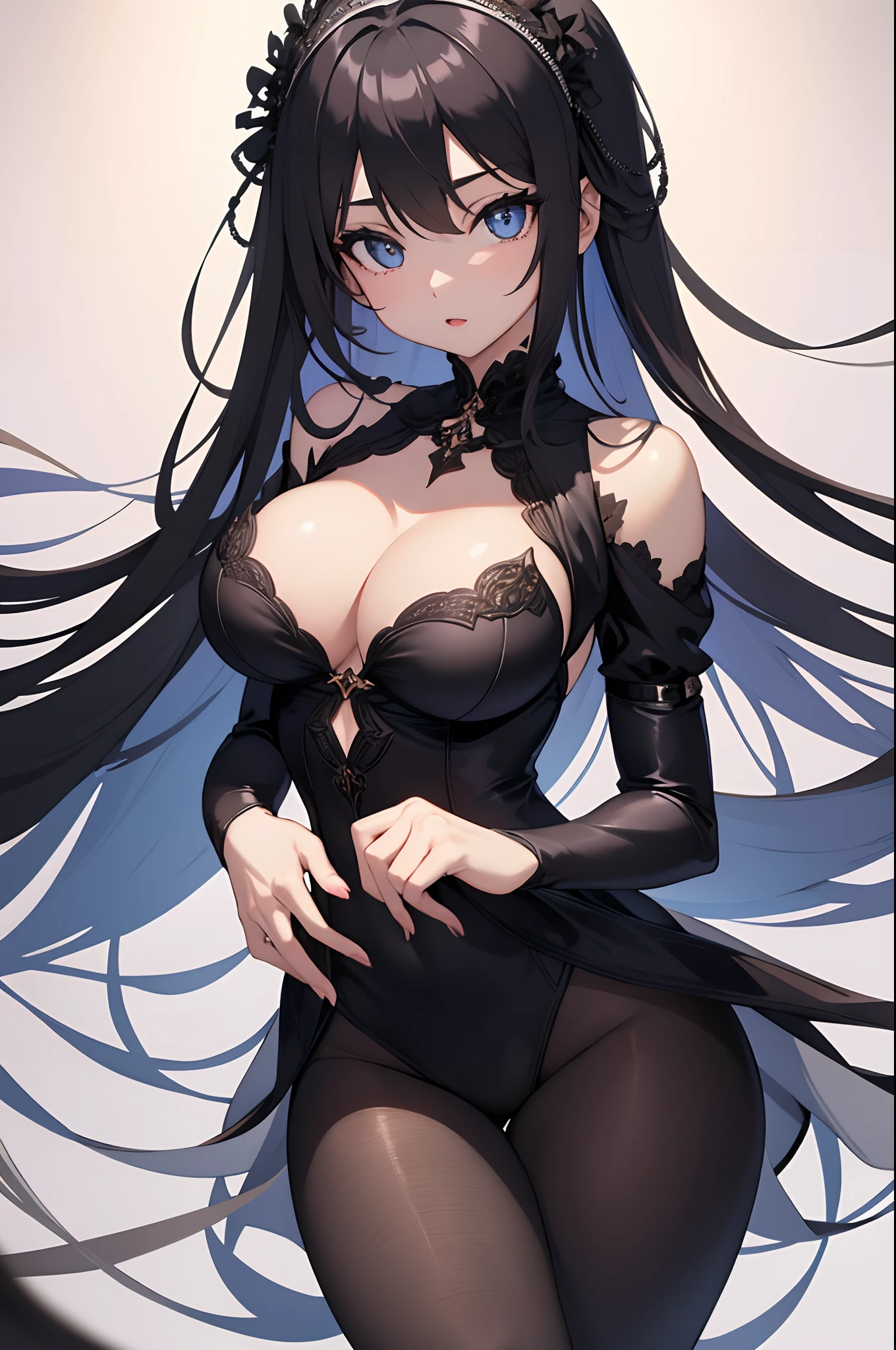 1girl, anime, cute girl, blank background, white background, fantasy, detailed dark fantasy dress with highlights, beautiful face, beautiful eyes, dark colors, medium breasts, slight cleavage, beautiful skin, cute, breast curtains, extremely delicate and beautiful, (beautiful detailed face:1.0), (detailed deep eyes), symmetrical breasts, deep eyes, shiny skin, portrait, slender waist, hips wider than shoulders, thighs, young girl